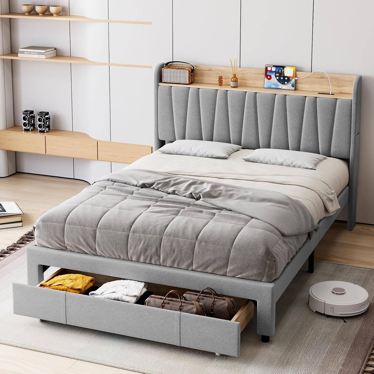 Front. Babevy - Upholstered Bed Frame with Headboard, Platform Bed with Storage Headboard, Charging Station, Metal Drawers, Wooden Slats - Light Gray.
