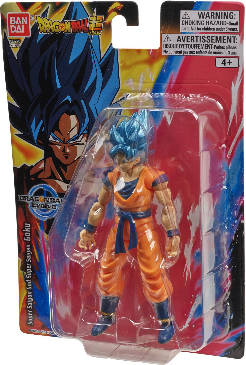 BAN DAI DRAGON BALL SUPER #36270 #36271  
WARNING: CHOKING HAZARD-Small parts. Not for children under 3 years.  
AVERTISSEMENT: RISQUE D'ÉTOUFFEMENT-Petites pièces. Ne convient pas aux enfants de moins de 3 ans.  
4+  
DRAGONBALL Evolve Goku & Saiyan Super God Saiyan Super  
BANDAI 2019 MAL