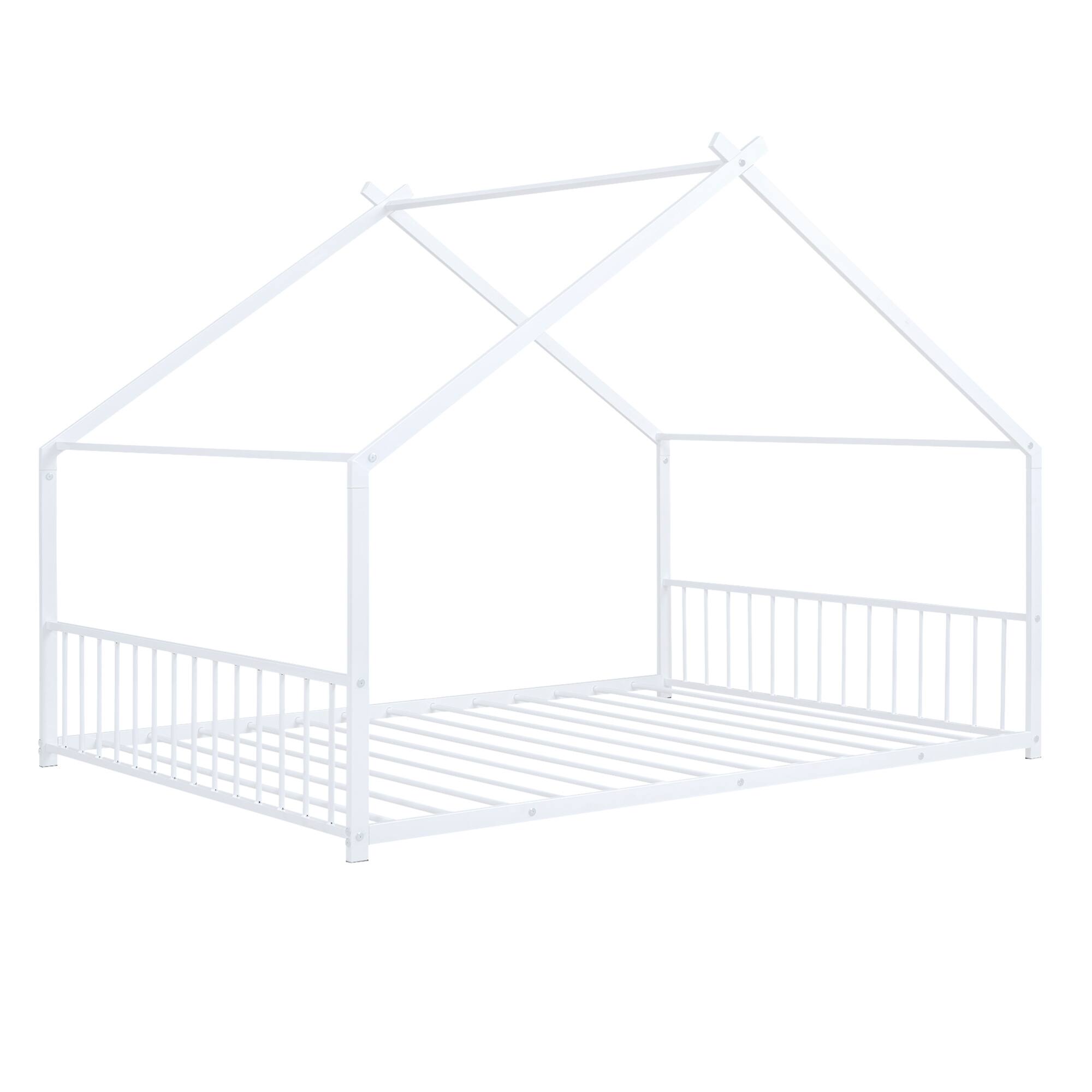 Left. GOODSILO - Full Size Metal House Bed with Playhouse Roof Design for Kids Room Furniture and Sleep Space - White.