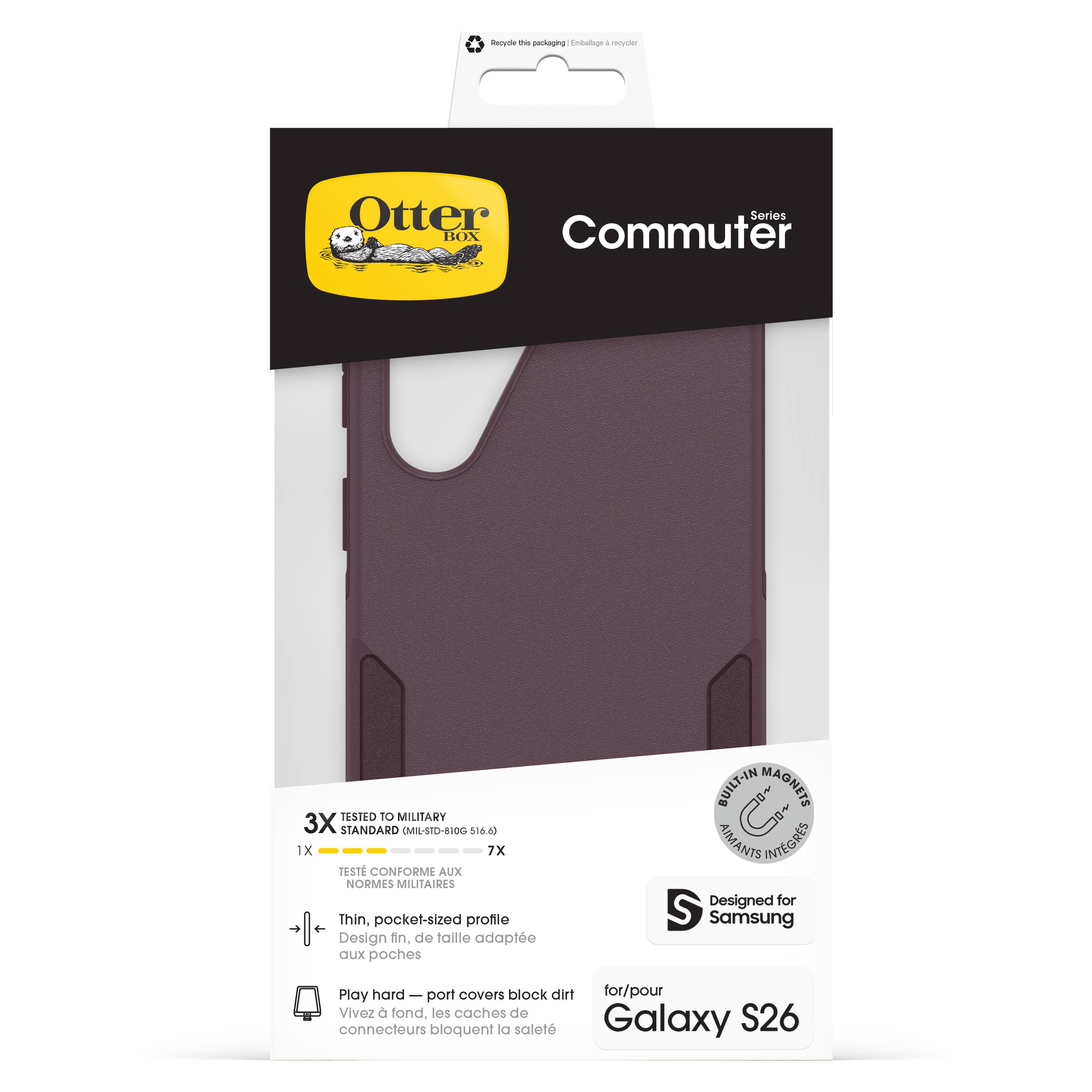- Otter Box
- Commuter Series
- 3X TESTED TO MILITARY STANDARD (MIL-STD-810G 516.6)
- 1X 7X TESTÉ CONFORME AUX NORMES MILITAIRES
- Thin, pocket-sized profile
- Design fin, de taille adaptée aux poches
- BUILT-IN MAGNETS AIMANTS INTÉGRÉS
- Designed for Samsung
- Play hard — port covers block dirt for/pour Vivez à fond. les caches de port bloquent la saleté
- for/pour Galaxy S26