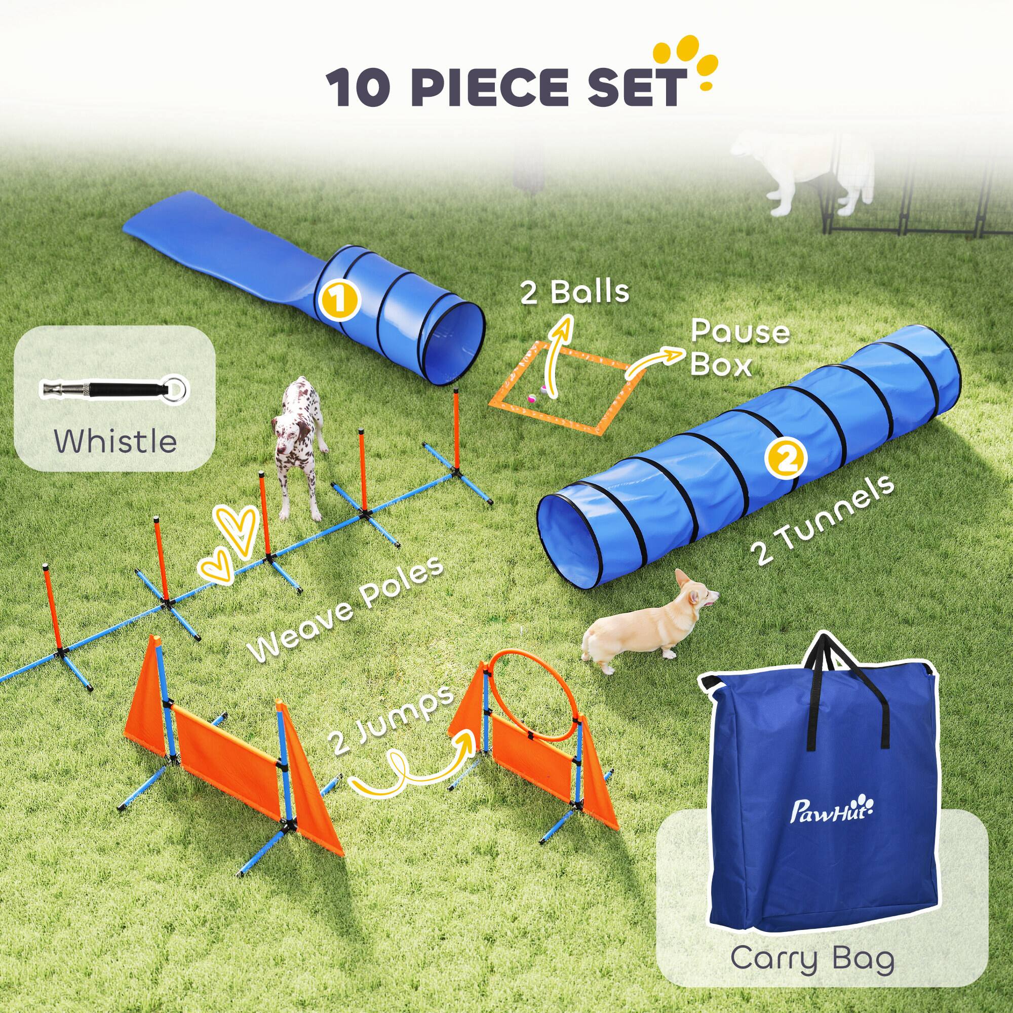 10 PIECE SET

1. Whistle
2. 2 Balls
3. Pause Box
4. 2 Tunnels
5. Weave Poles
6. 2 Jumps
7. Carry Bag