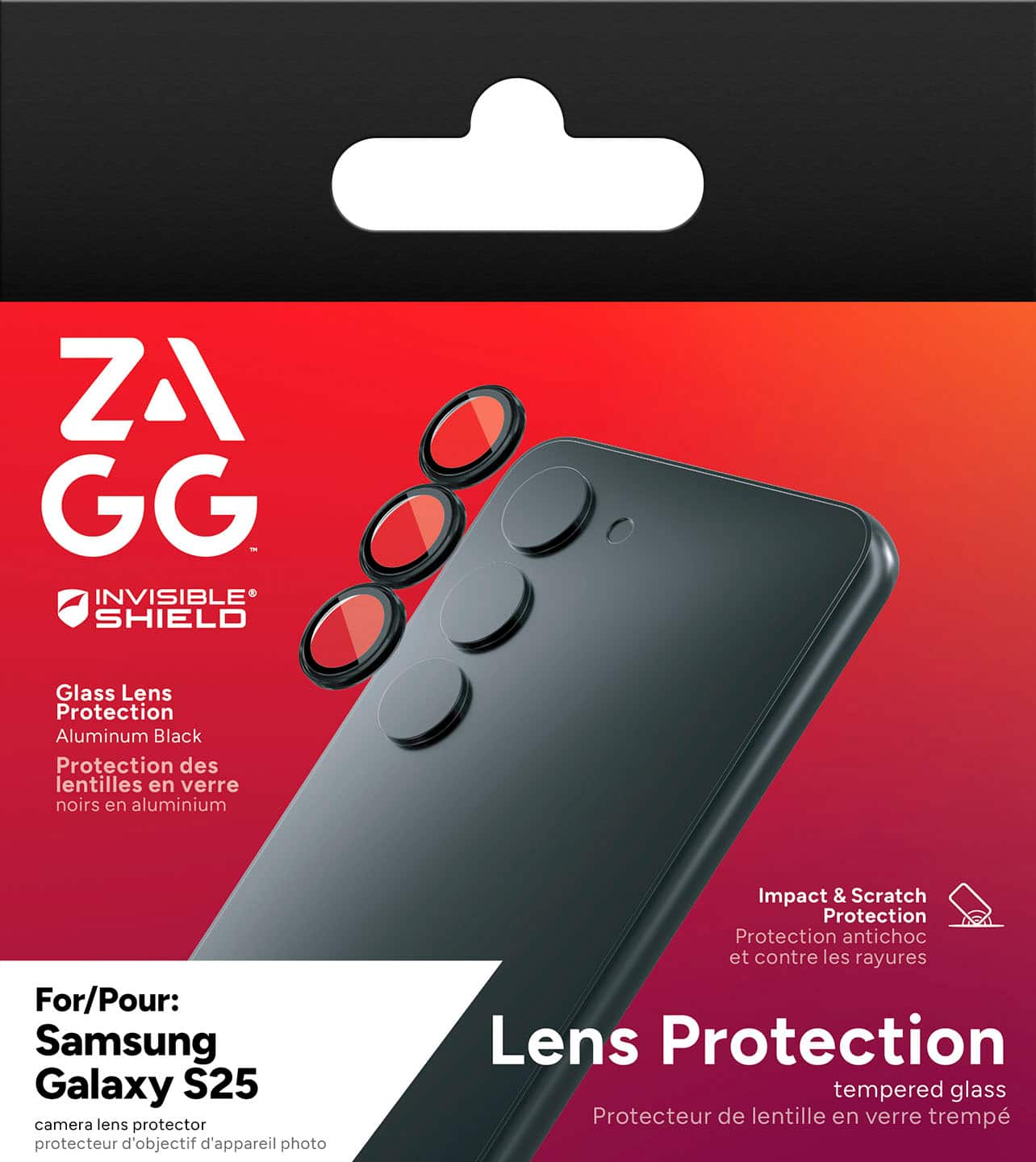 The text on the image reads: "ZAGG InvisibleShield Glass Lens Protection Aluminum Black Protection des lentilles en verre noirs en aluminium For/Pour: Samsung Galaxy S25 camera lens protector protecteur d'objectif d'appareil photo Impact & Scratch Protection Protection antichoc et contre les rayures Lens Protection tempered glass Protecteur de lentille en verre tremp."