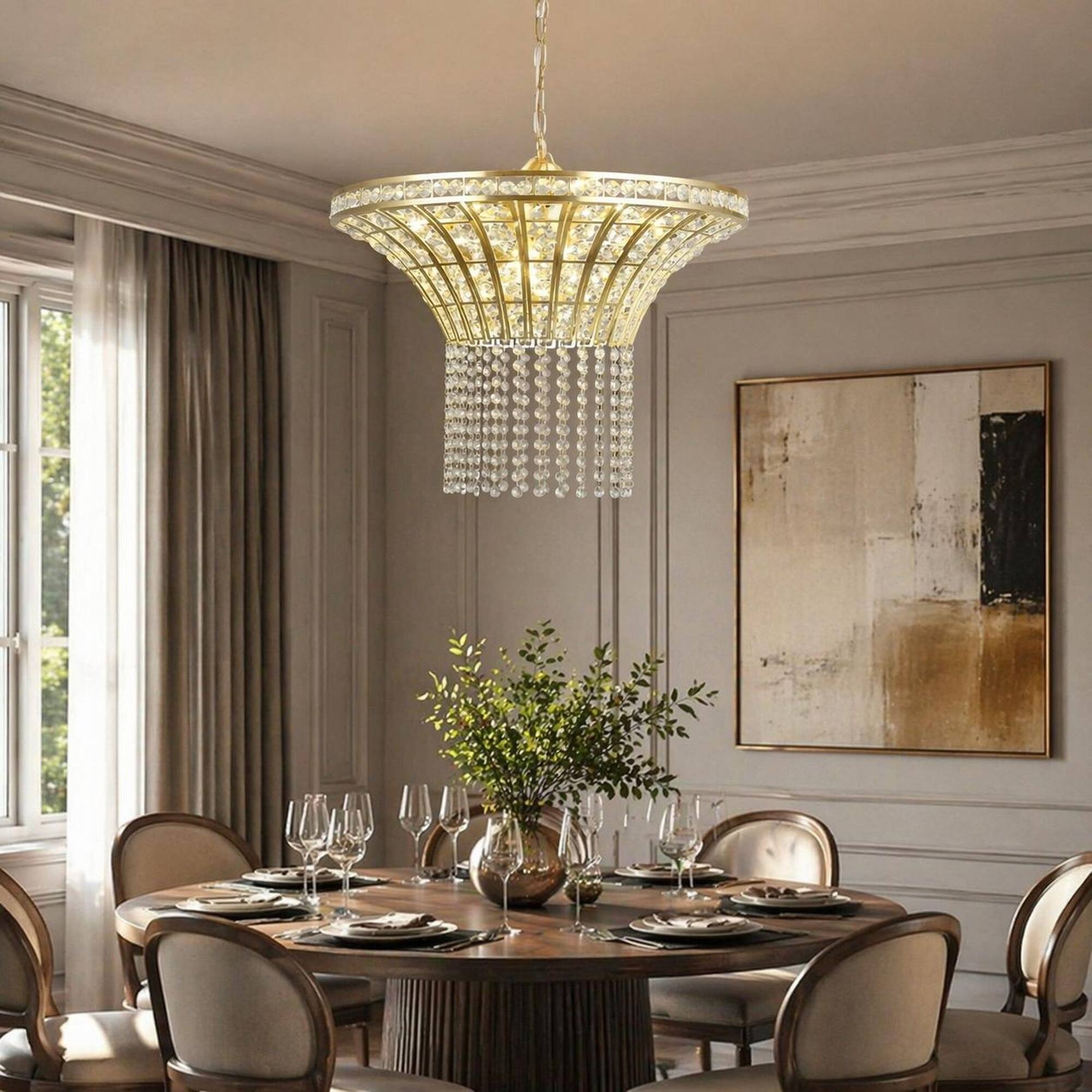 Back. RYHNUYNE - Gold 8‑Light Crystal Chandelier, Modern Crystal Pendant Light Fixture for Living Room, Dining Room, Foyer - Transparent.