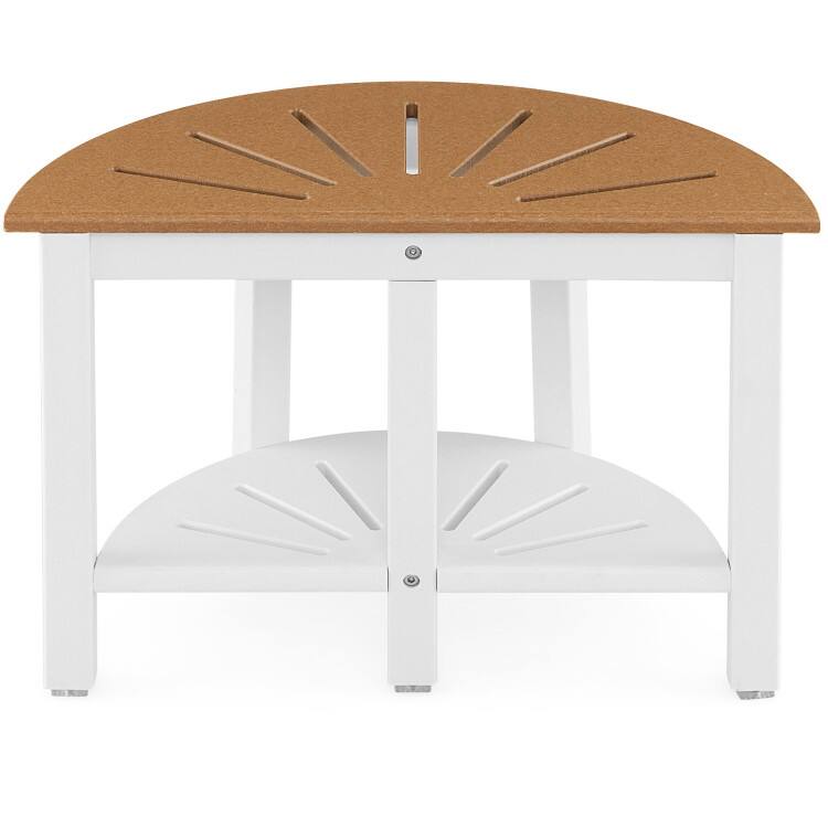 Front. SlickBlue - Semicircular Seat Shower Bench with HDPE Construction and Storage Shelf - Brown, White.