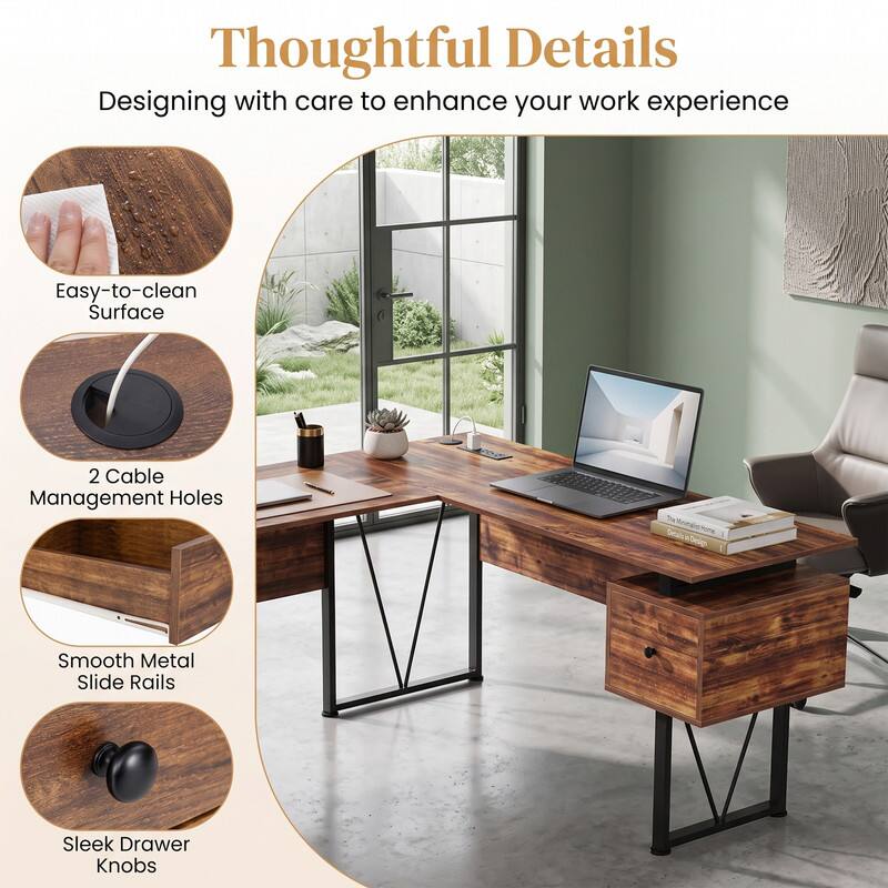 Thoughtful Details  
Designing with care to enhance your work experience  
Easy-to-clean Surface  
2 Cable Management Holes  
Smooth Metal Slide Rails  
Sleek Drawer Knobs