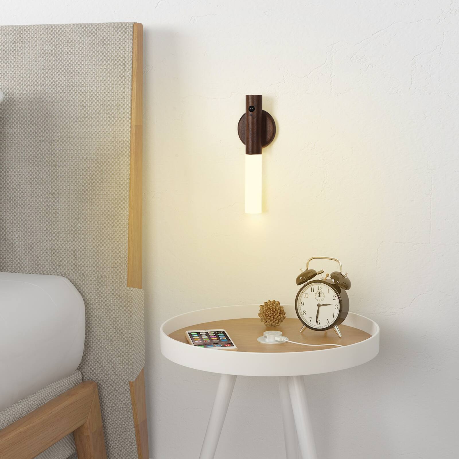 Front. Oumilen - 2 Pack Motion Sensor LED Wall Sconce – Rechargeable Magnetic Wood Wall Light.