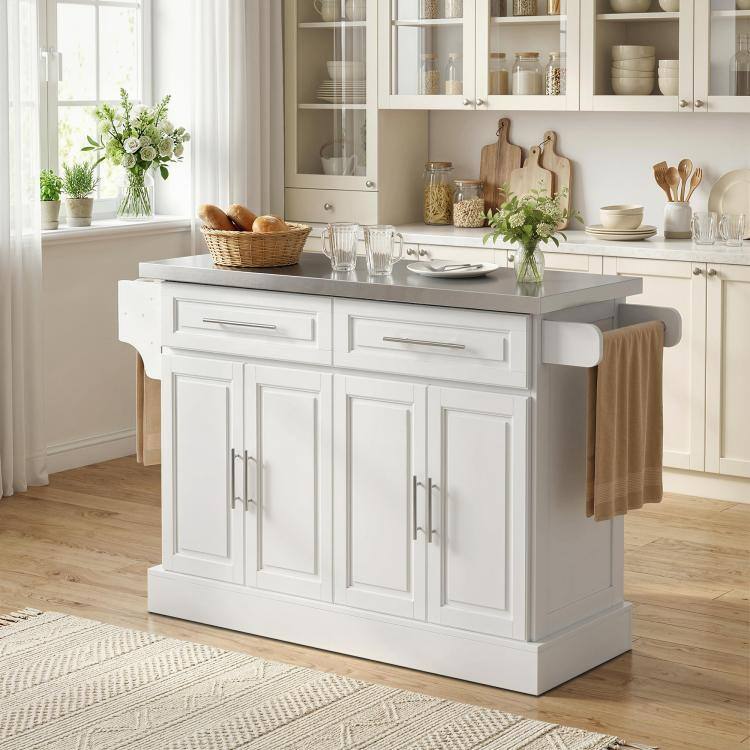 Alt View 2. PULUZ - Rolling Kitchen Island Cart with 47 inch Stainless Steel Top, Portable Island Table for Kitchen with Wheels - White.