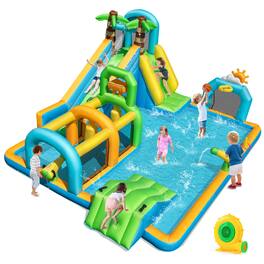 Costway - Inflatable Water Park with Climbing Wall Basketball Rim Target Game & 680W Blower - Multicolor