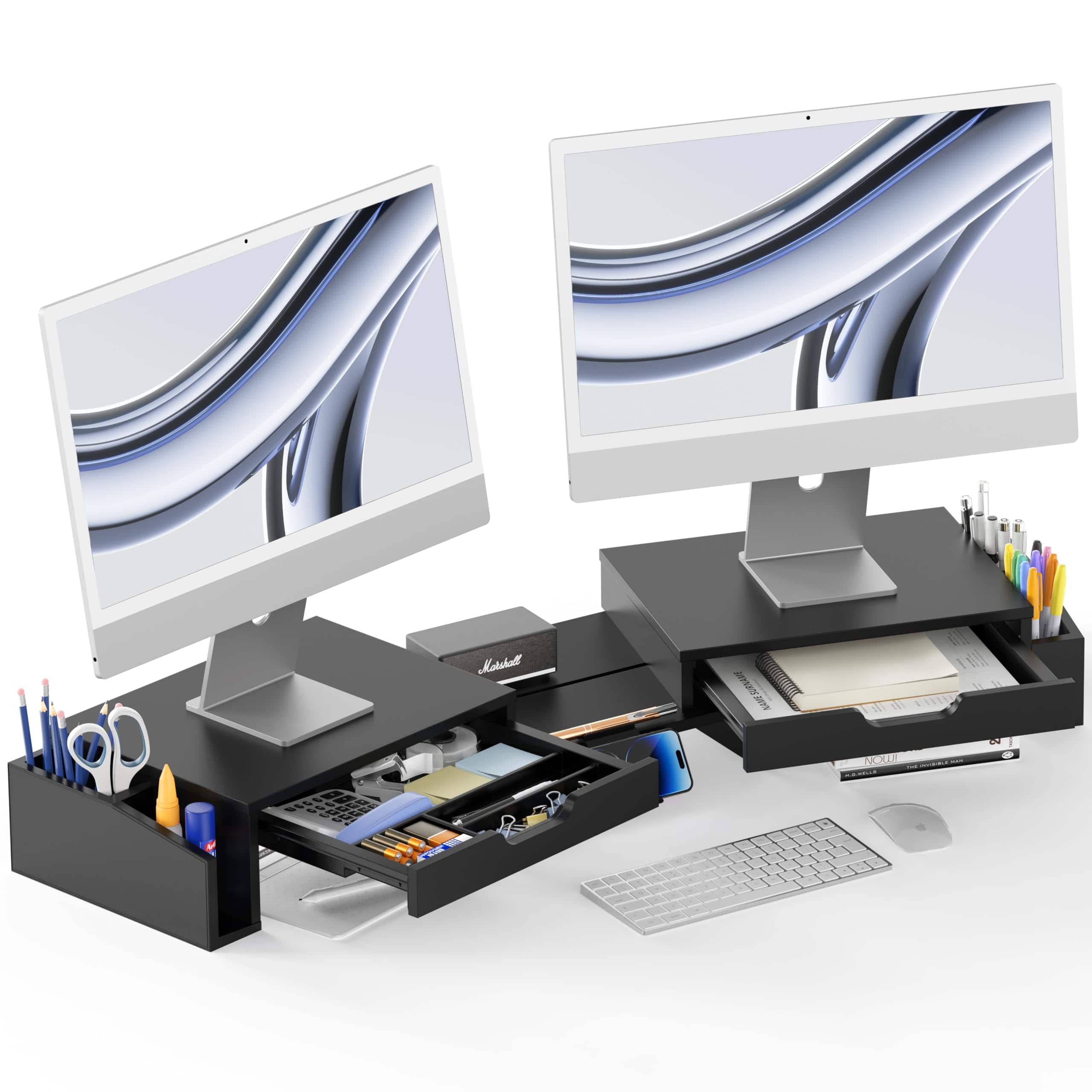 Hanke - Desk Dual Monitor Stand Riser With Pull-out Drawers - Default