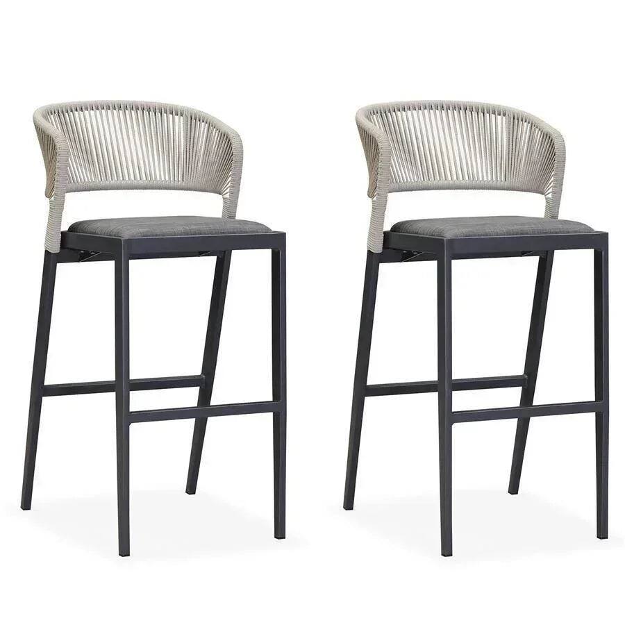 PURPLE LEAF - Outdoor Bar Stool Set of 2 Rattan Bar Stools with Back Metal Bar Height Stool Outdoor Bar Chair for Garden Kitchen - Dark Grey-Bar Height