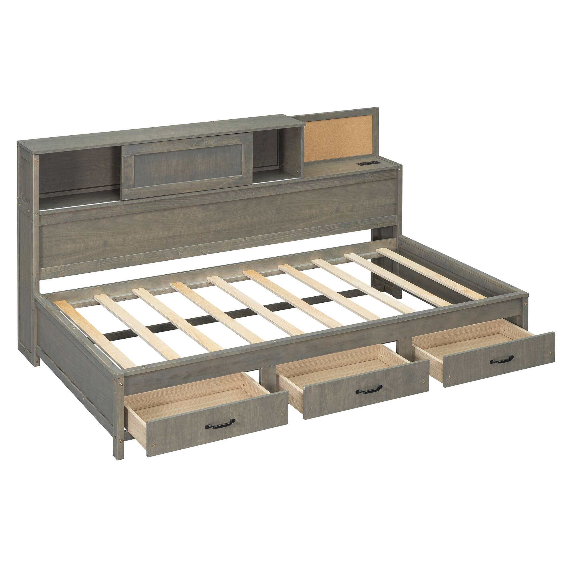 Alt View 4. Tiramisubest - Twin Size Wooden Daybed with 3 Storage Drawers, Upper Soft Board, shelf, and a set of Sockets and USB Ports, Gray - Gray.