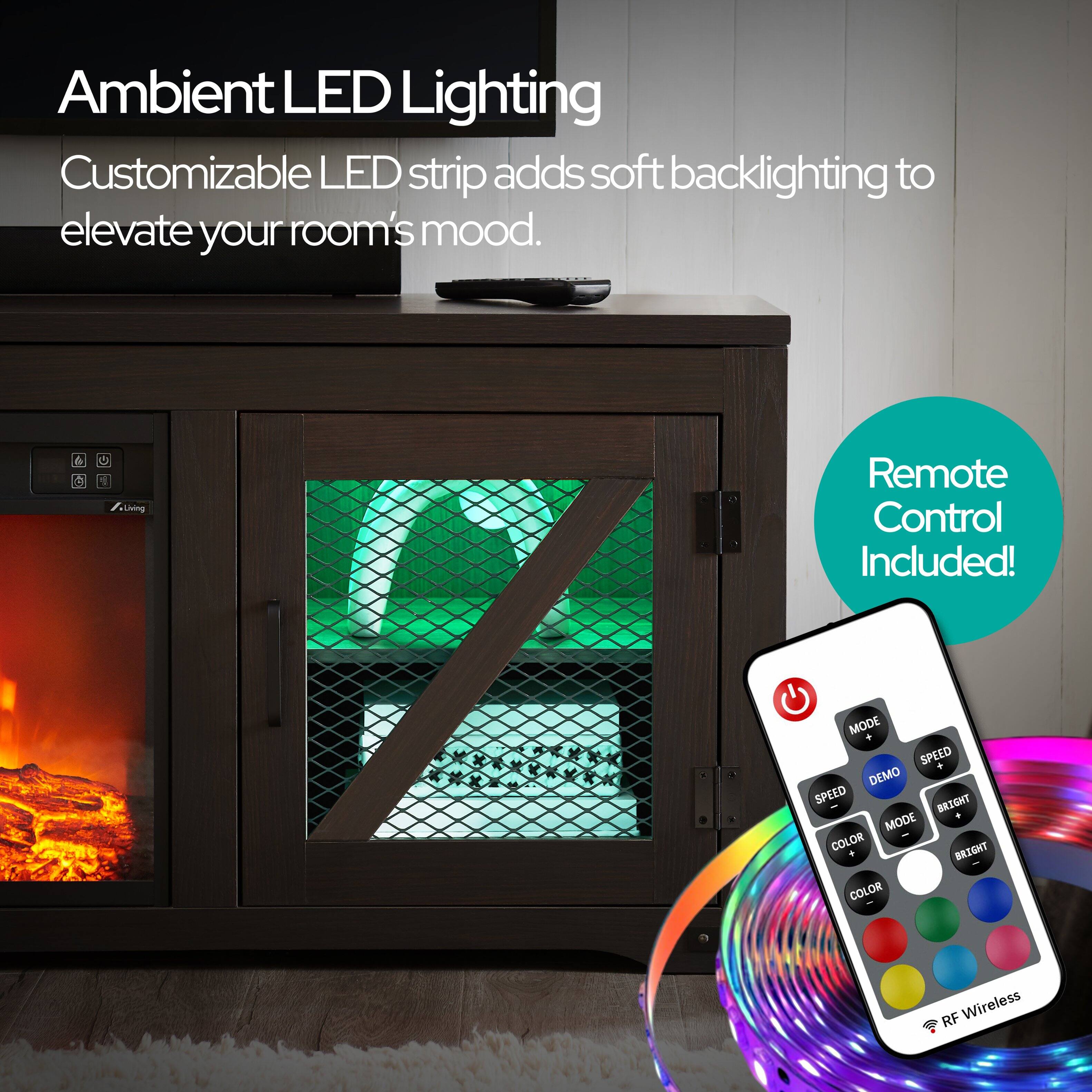 Ambient LED Lighting  
Customizable LED strip adds soft backlighting to elevate your room's mood.  

Remote Control Included!  

MODE  
SPEED  
DEMO  
SPEED  
BRIGHT  
MODE  
COLOR  
THICKS  
COLOR  

RF Wireless