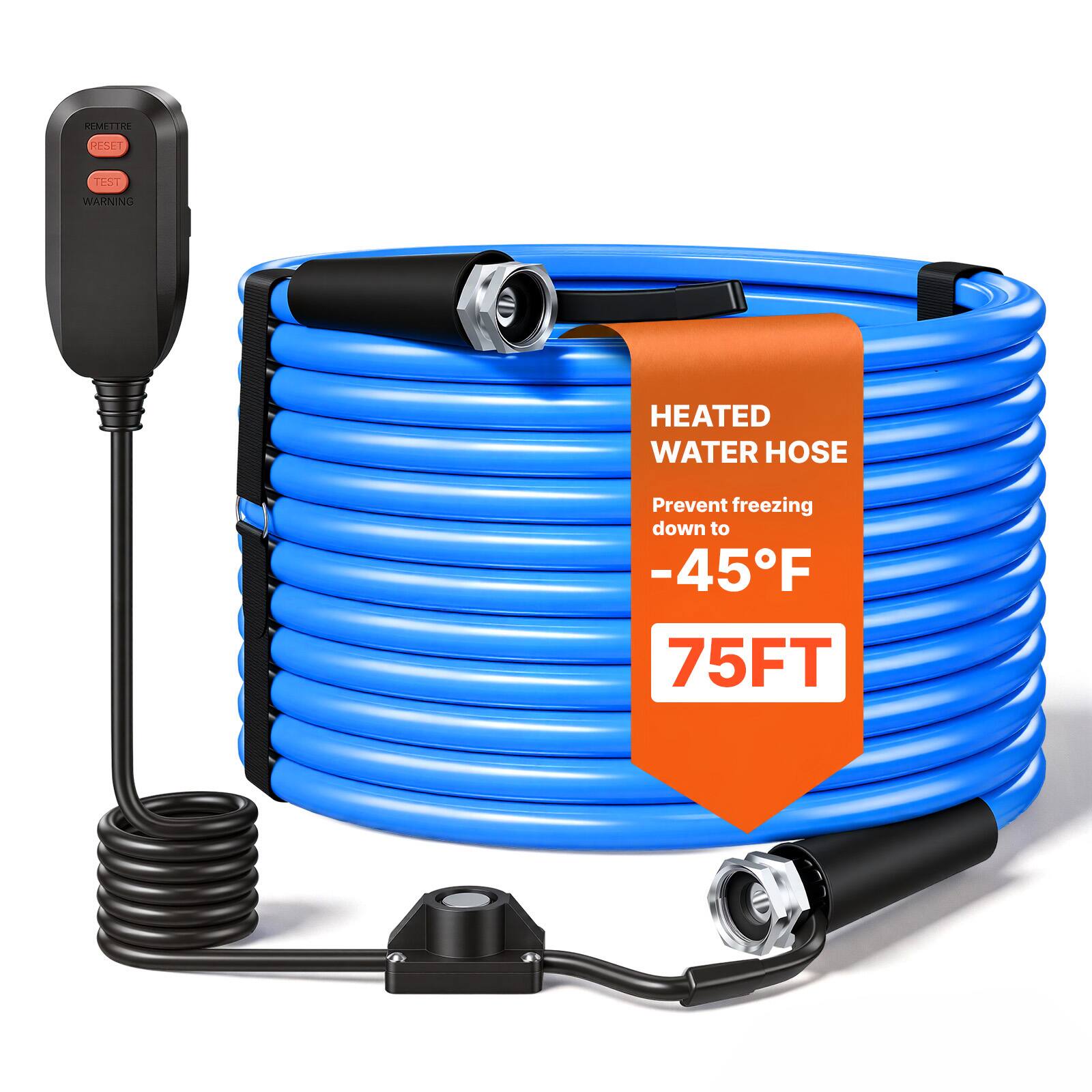 VEVOR - 75FT Heated Water Hose for RV -45°F Anti Freeze Drinking Water Hose,1/2" ID, Smooth Surface,with Leakage Protection GFCI - Blue;Black