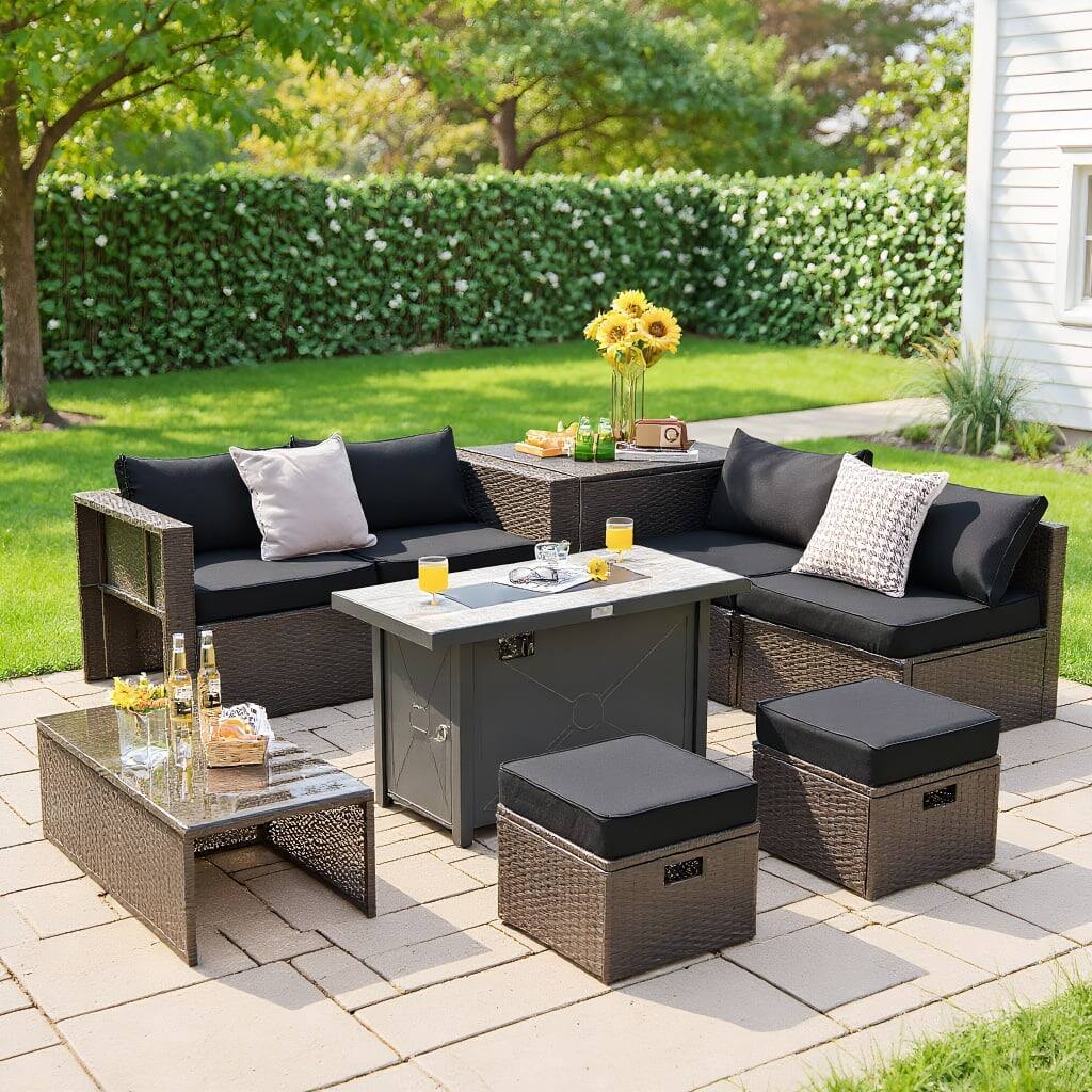 Kadyn - 9 Pieces Outdoor Patio Furniture Set with 42 Inch Propane Fire Pit Table- Patio Seating Conversation Set - Black
