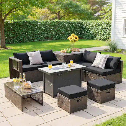 Front. Kadyn - 9 Pieces Outdoor Patio Furniture Set with 42 Inch Propane Fire Pit Table-Black, Patio Seating Conversation Set - Black.