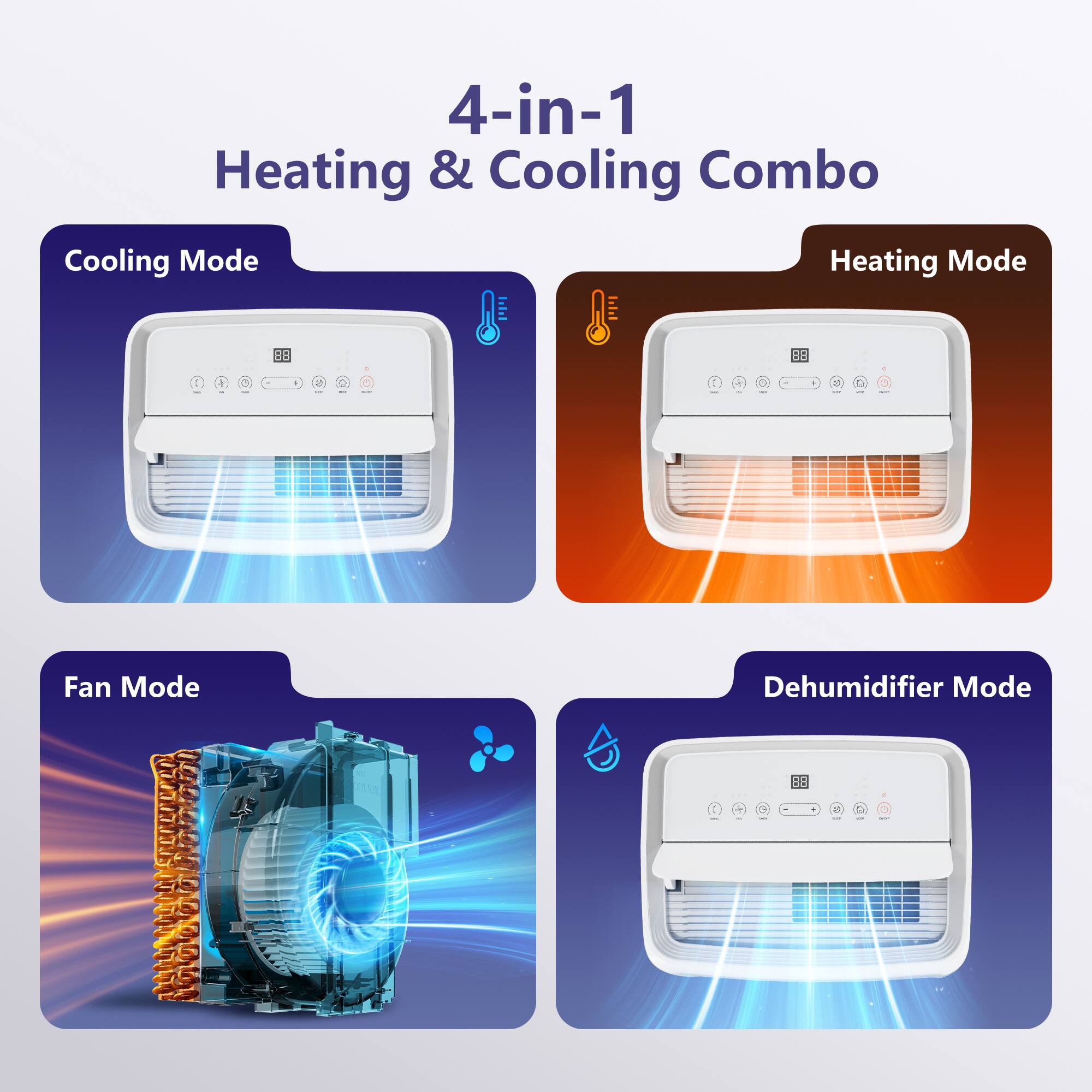 4-in-1 Heating & Cooling Combo

Cooling Mode

Heating Mode

Fan Mode

Dehumidifier Mode