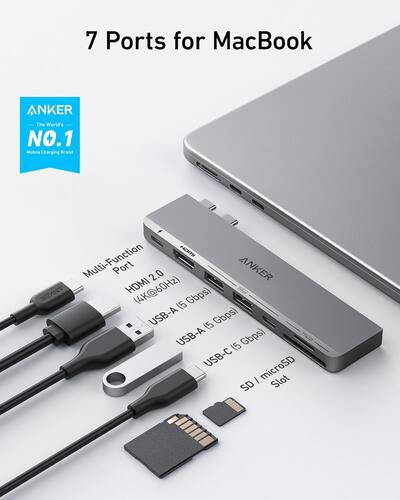 Anker USB C Hub for MacBook, 7 in 2 with 4K@60Hz HDMI Gray A8354 Anker USB C Hub for MacBook, 7 in 2 with 4K@60Hz HDMI Gray A8354