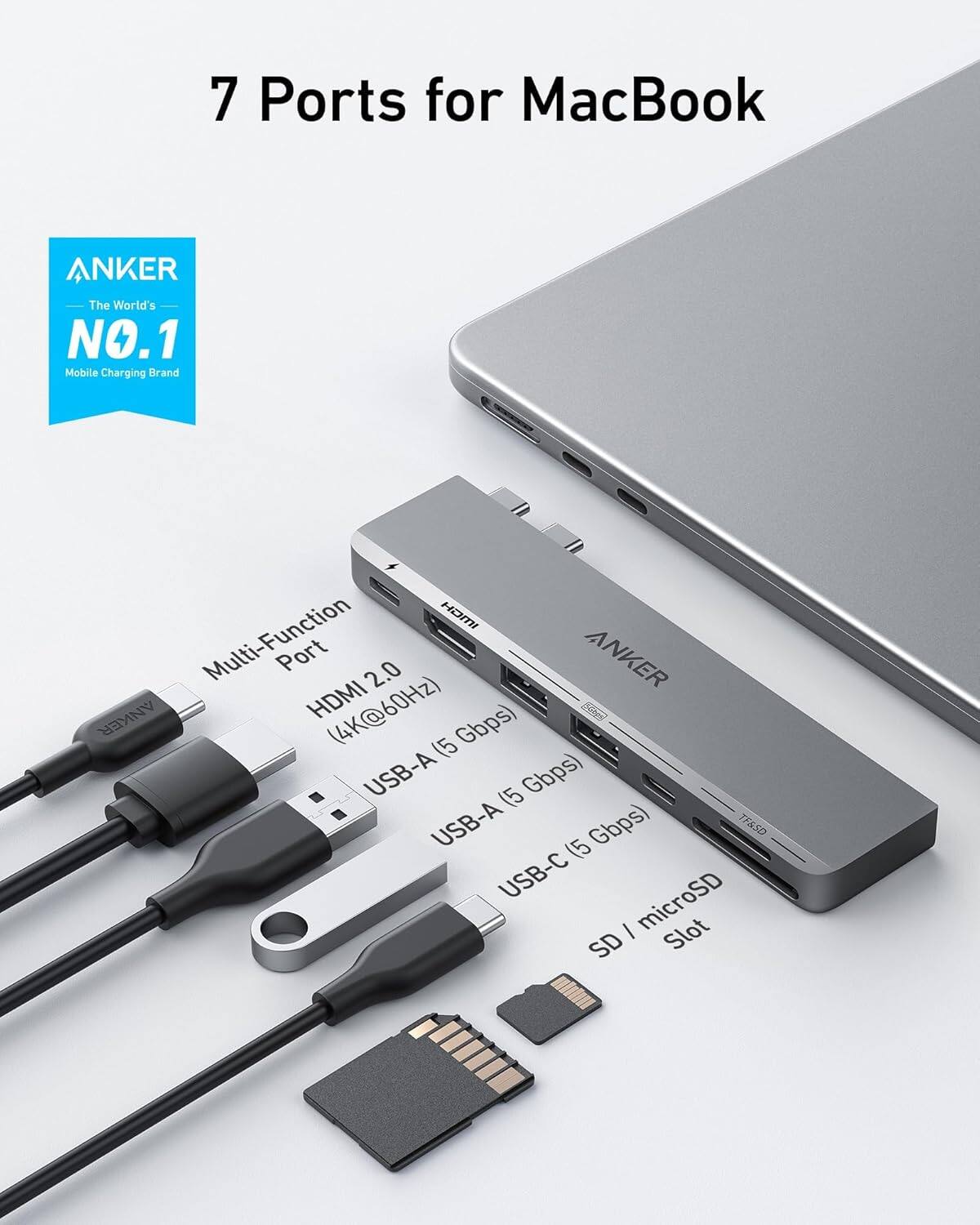 7 Ports for MacBook

ANKER
The World's NO.1 Mobile Charging Brand

Multi-Function Port 2.0
- HDMI (4K@60Hz) (5 Gbps)
- USB-A (5 Gbps)
- USB-A (5 Gbps)
- USB-C (5 Gbps)
- SD / microSD Slot