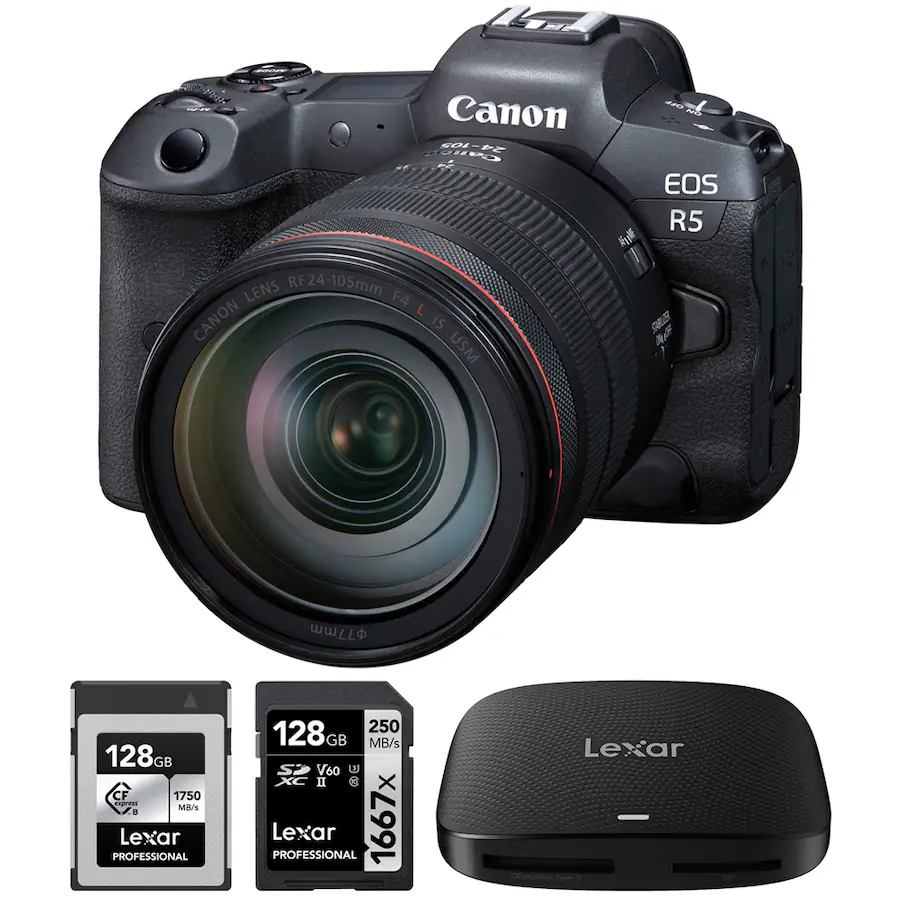 Canon EOS R5 Camera w/ 24 105mm Lens + 128GB CFexpress Card + 128GB ...
