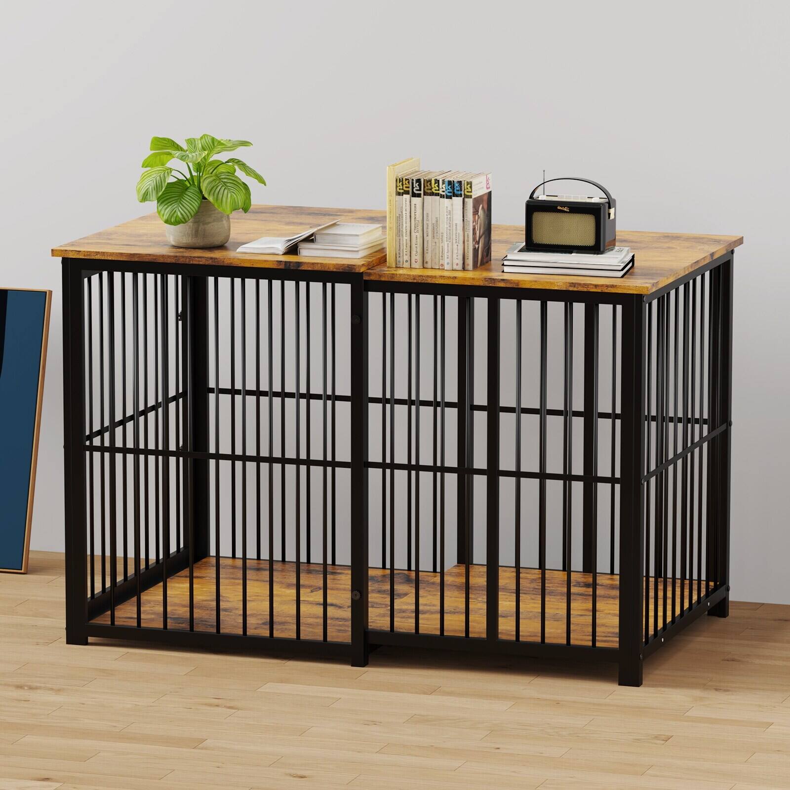 Angle. U-HOMY - Adjustable Wooden Dog Crate Furniture with Cushion, Lockable Indoor Kennel End Table for Small to Large Dogs.