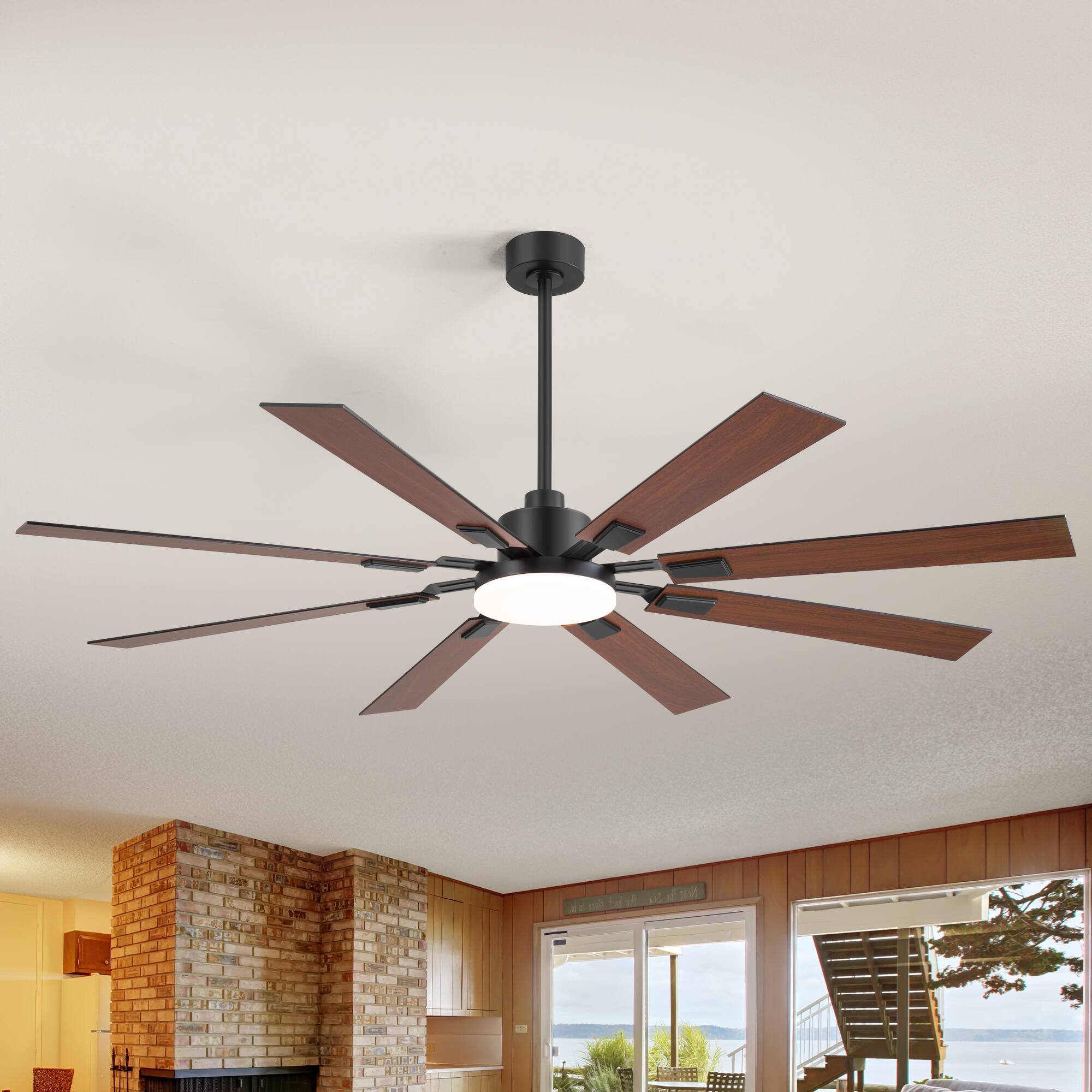 Back. Breezary - 72'' Ceiling Fan with 8 Plywood Blades, 3-Color Light, 6-Speed DC Motor, 6"/20" Downrods, Remote with Timer - Matte Black and Dark Wood Grain.