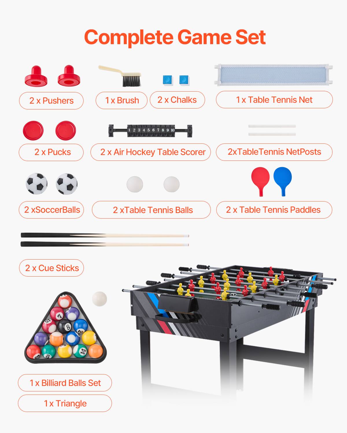 Complete Game Set
2 x Pushers
1 x Brush
2 x Chalks
1 x Table Tennis Net
2 x Pucks
2 x Air Hockey Table Scorer
2xTableTennis NetPosts
2 x SoccerBalls
2 x Table Tennis Balls
2 x Table Tennis Paddles
2 x Cue Sticks
1 x Billiard Balls Set
1 x Triangle