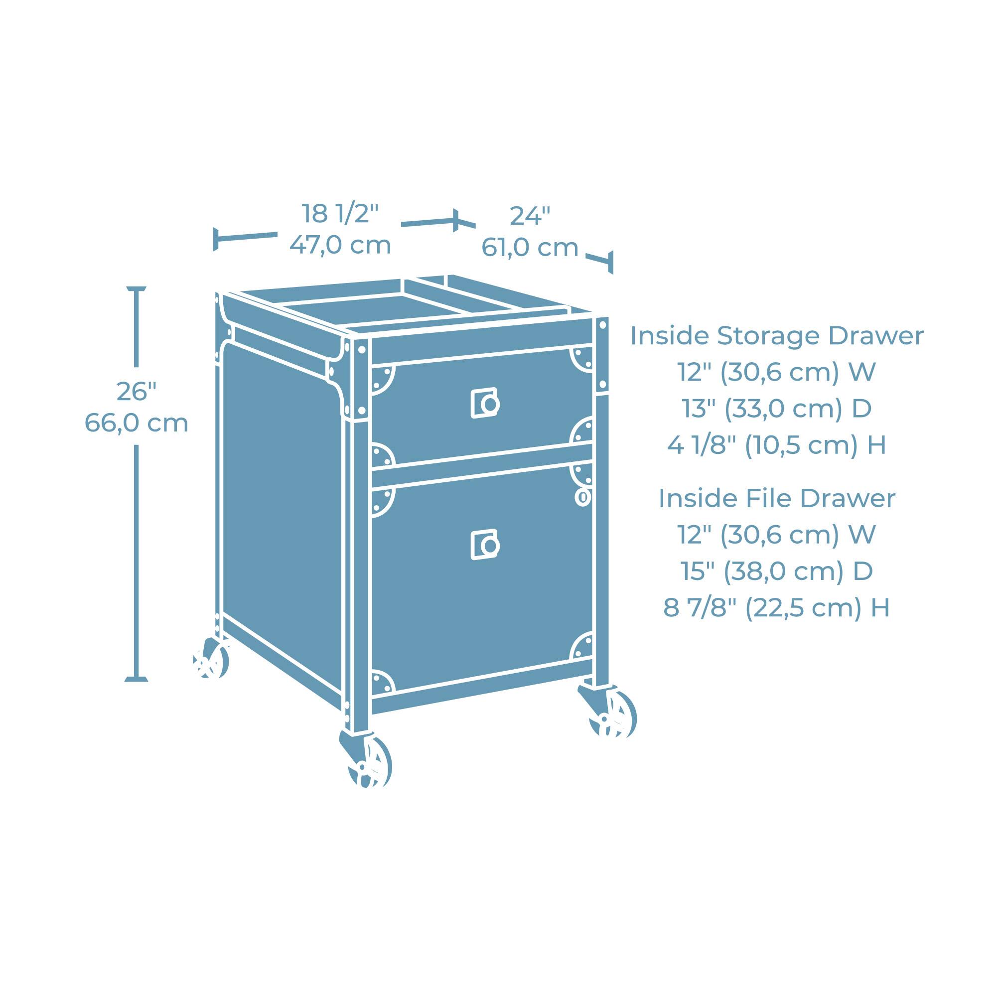 - 18 1/2" (47,0 cm)
- 24" (61,0 cm)
- 26" (66,0 cm)

Inside Storage Drawer:
- 12" (30,6 cm) W
- 13" (33,0 cm) D
- 4 1/8" (10,5 cm) H

Inside File Drawer:
- 12" (30,6 cm) W
- 15" (38,0 cm) D
- 8 7/8" (22,5 cm) H
