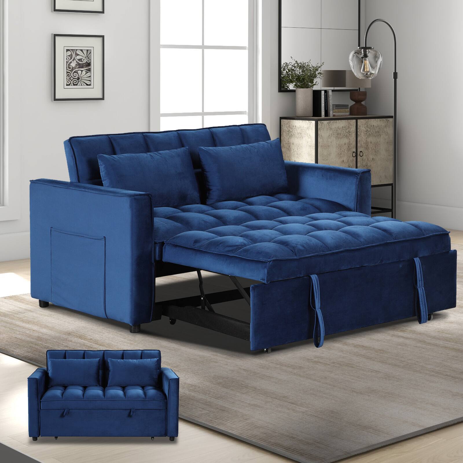 Angle. Bestier - Convertible Velvet Sofa Bed 3-in-1 Upholstered Pull Out Sleeper Sofa with 2 Pillows - Blue.