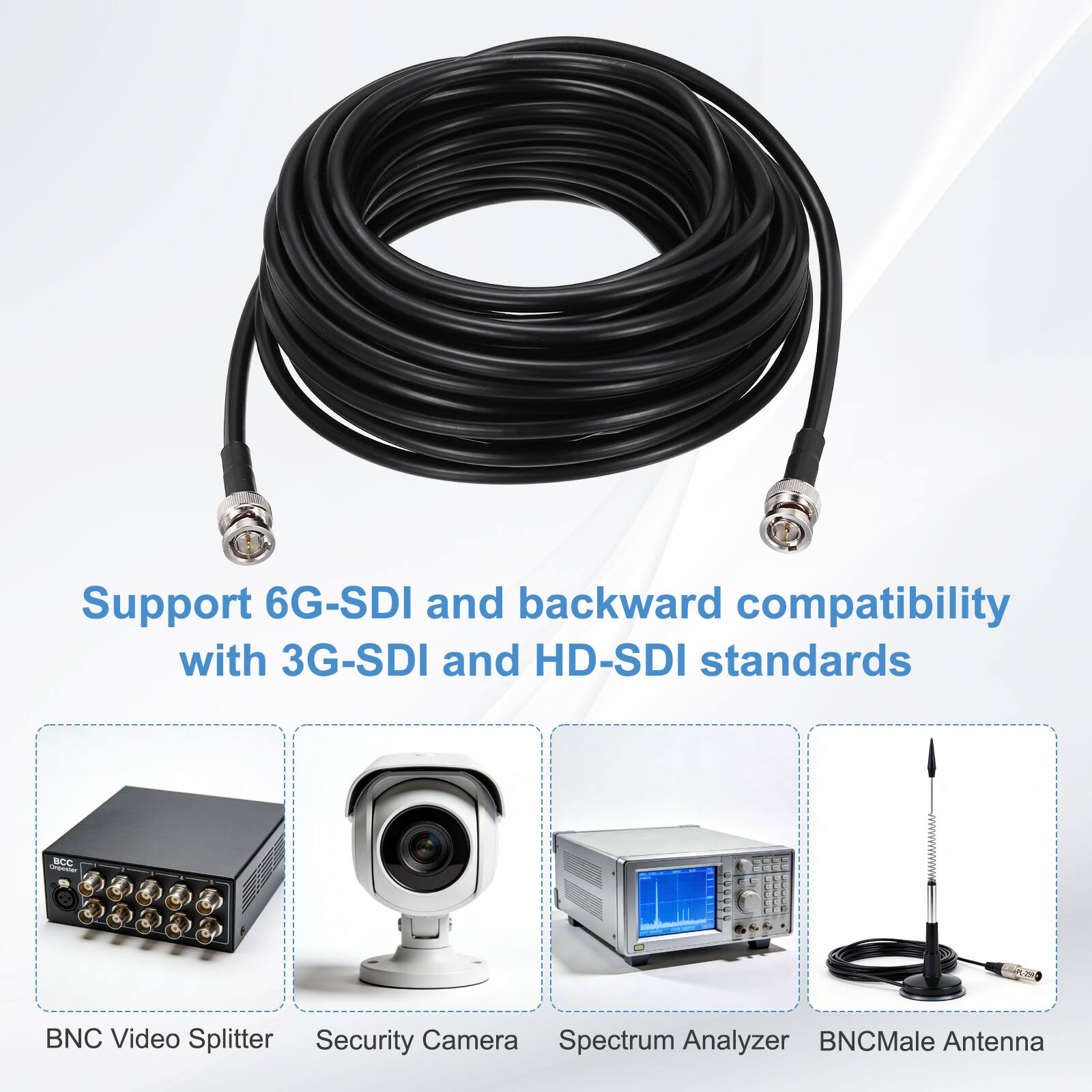 Support 6G-SDI and backward compatibility with 3G-SDI and HD-SDI standards

- BNC Video Splitter
- Security Camera
- Spectrum Analyzer
- BNC Male Antenna