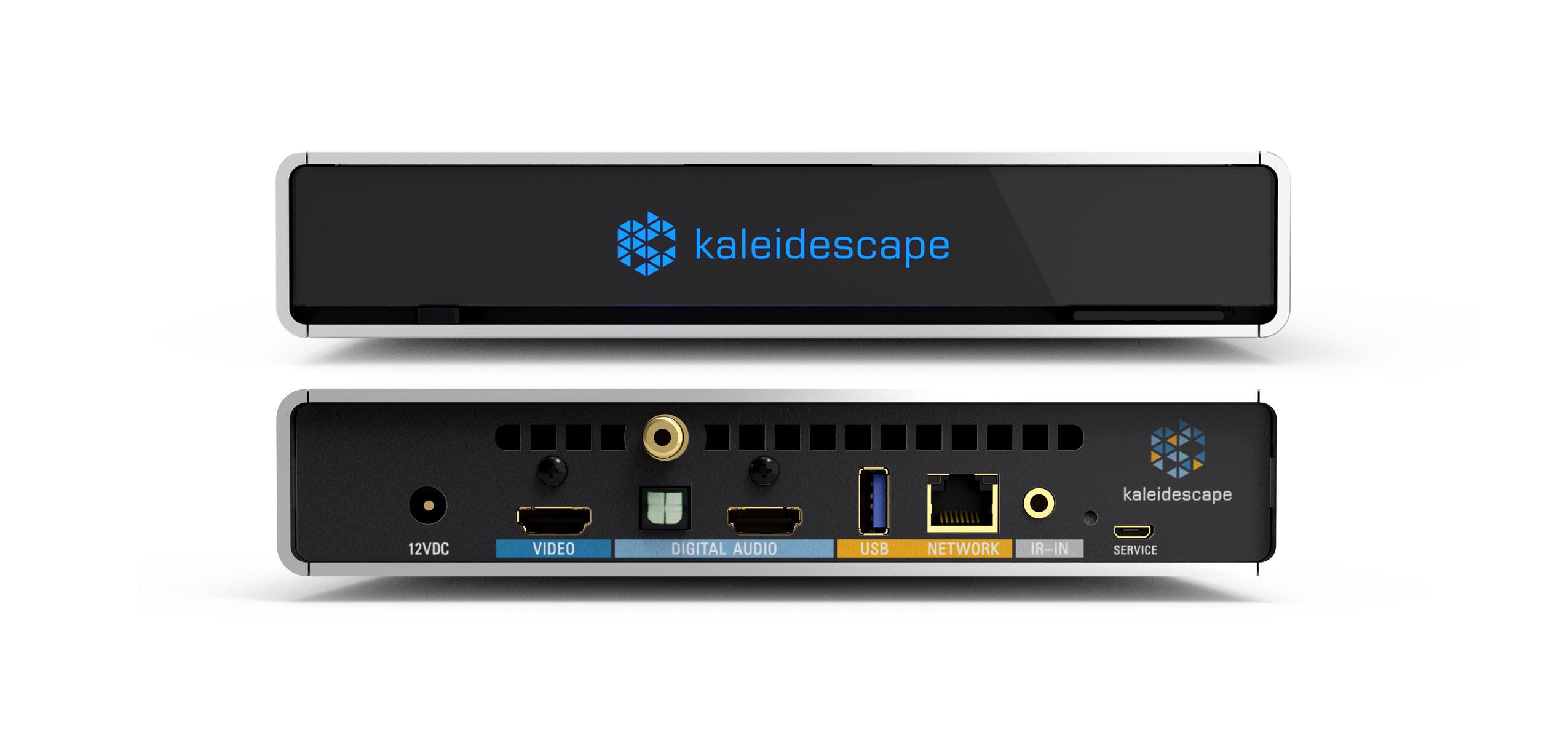 The text on the image reads "kaleidescape kaleidescape 12VDC VIDEO DIGITAL AUDIO USB NETWORK IR-IN SERVICE." This text is grouped and corrected as follows:

"Kaleidescape Kaleidescape 12VDC Video Digital Audio USB Network IR-IN Service."