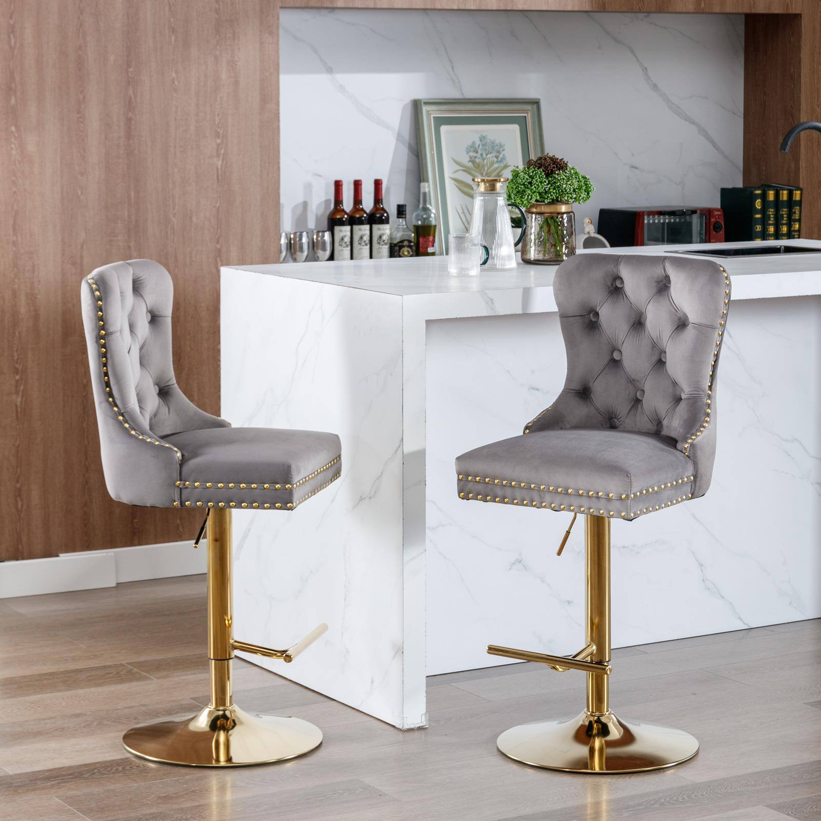 Angle. SlickBlue - Swivel Barstools Modern Upholstered Counter Chairs with Tufted Back & Adjustable Seat for Kitchen & Bar - Grey.