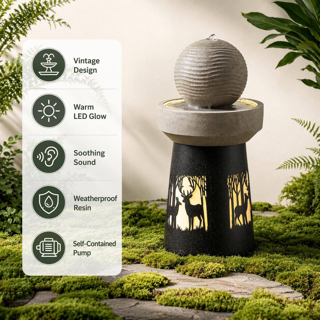 Vintage Design  
Warm LED Glow  
Soothing Sound  
Weatherproof Resin  
Self-Contained Pump