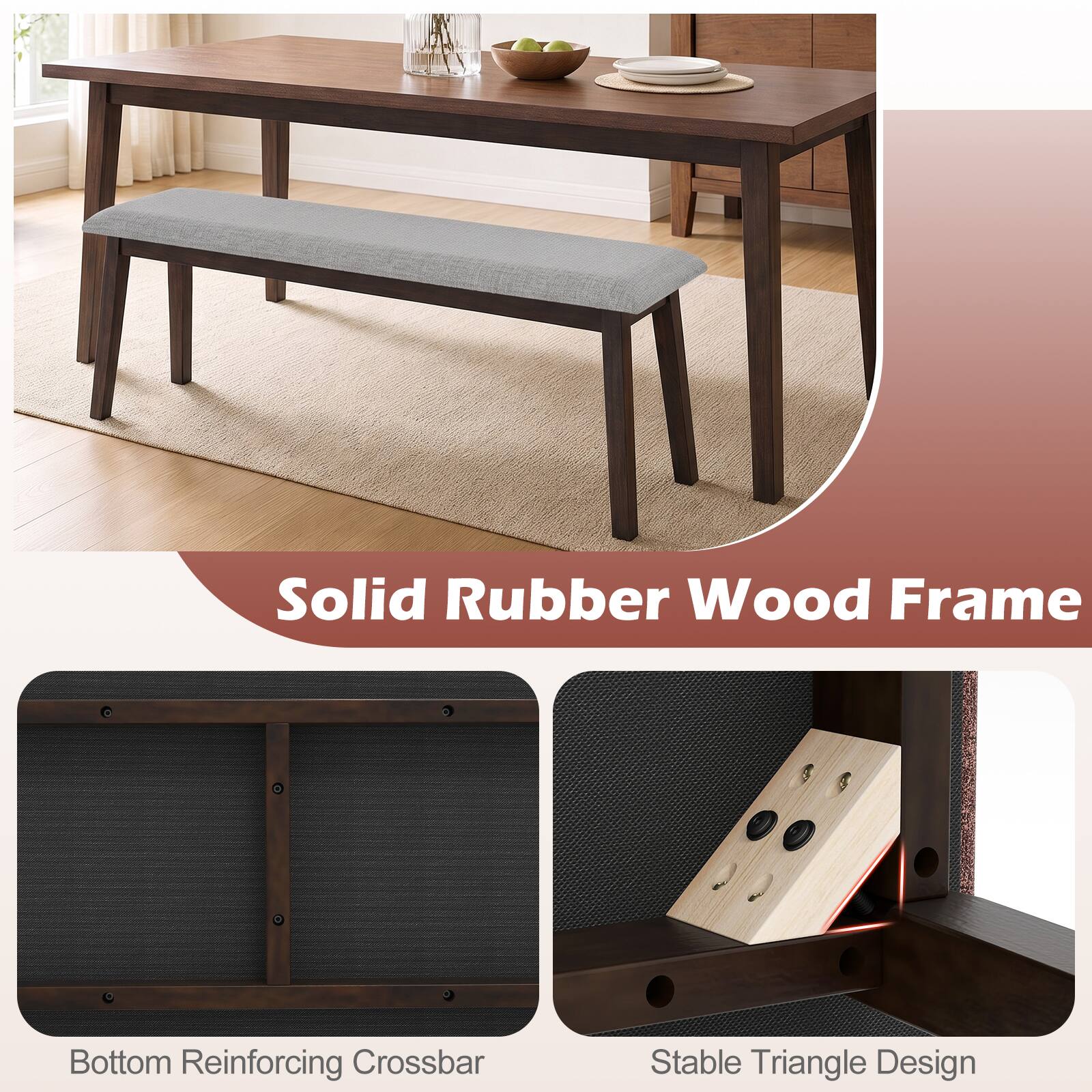 Solid Rubber Wood Frame  
Bottom Reinforcing Crossbar  
Stable Triangle Design