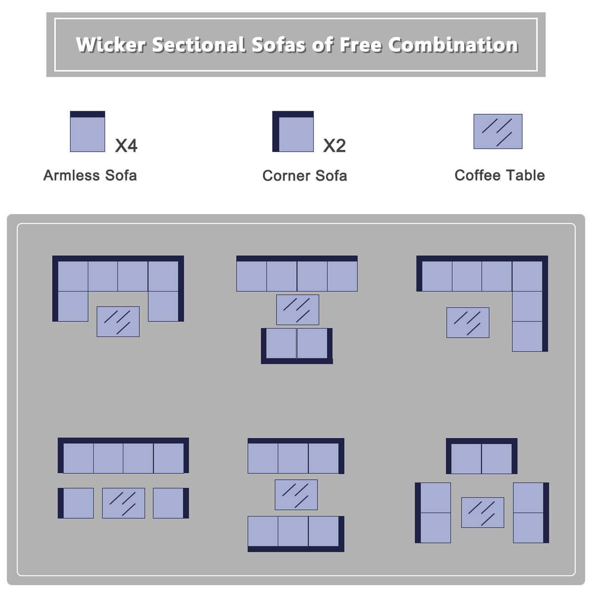 Wicker Sectional Sofas of Free Combination

Armless Sofa X4
Corner Sofa X2
Coffee Table