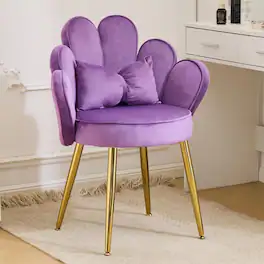 Winado - Girls Petal Flower Velvet Makeup Vanity Chair with Back Comfy Adustable Gold Legs & Bow Pillow for Bedroom Home Office - Purple-velvet