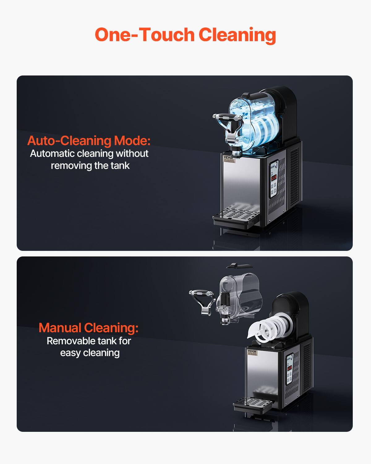 One-Touch Cleaning

Auto-Cleaning Mode:
Automatic cleaning without removing the tank

Manual Cleaning:
Removable tank for easy cleaning