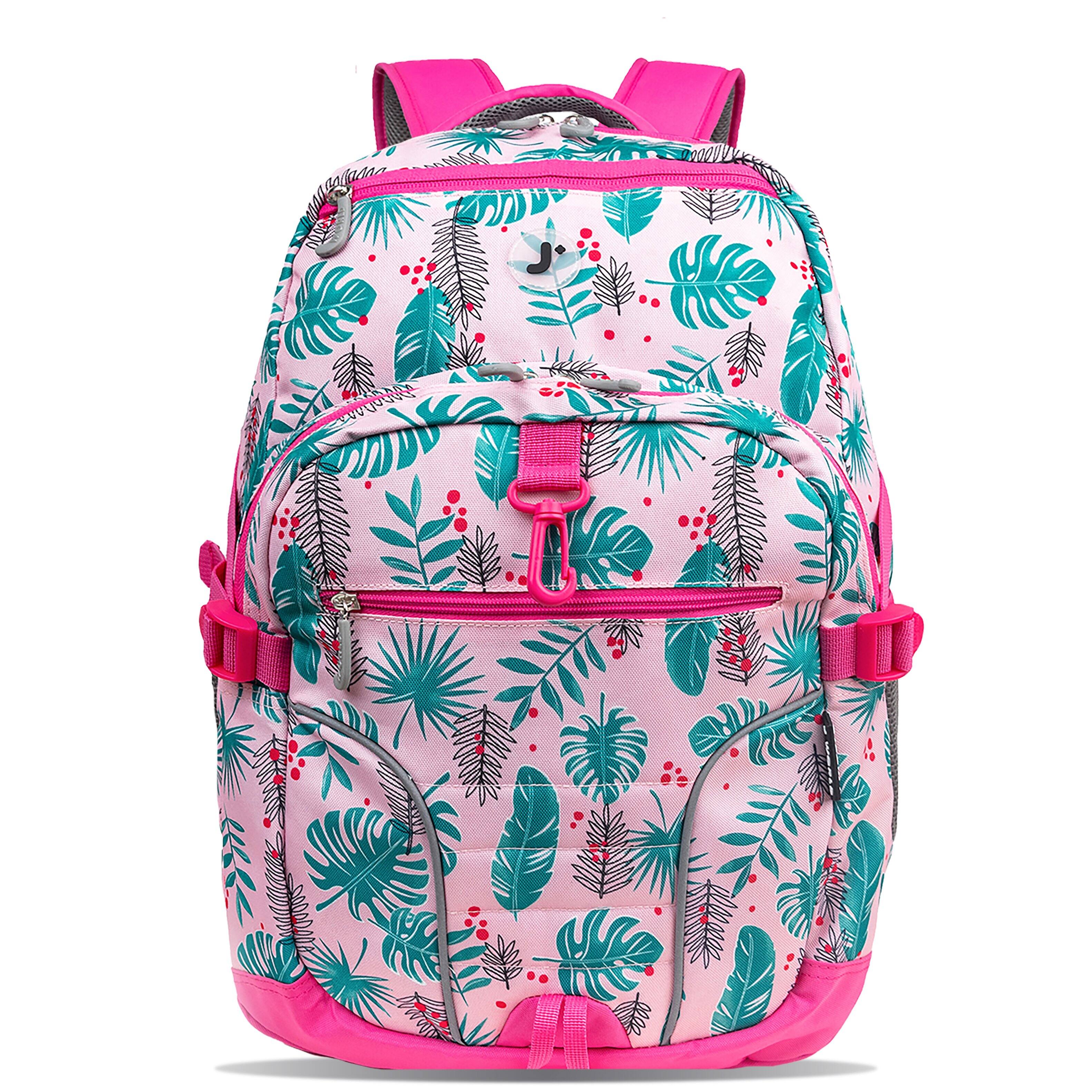 Front. J World - J World Girls Atom 18.5" Multi-Compartment Laptop Backpack for School and Travel, Palm Leaves - PALM LEAVES.