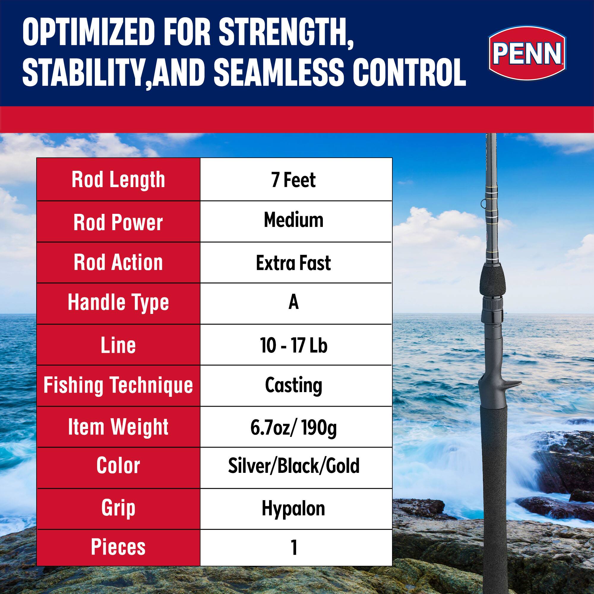 OPTIMIZED FOR STRENGTH, STABILITY, AND SEAMLESS CONTROL

- Rod Length: 7 Feet
- Rod Power: Medium
- Rod Action: Extra Fast
- Handle Type: A
- Line: 10 - 17 Lb
- Fishing Technique: Casting
- Item Weight: 6.7oz/190g
- Color: Silver/Black/Gold
- Grip: Hypalon
- Pieces: 1