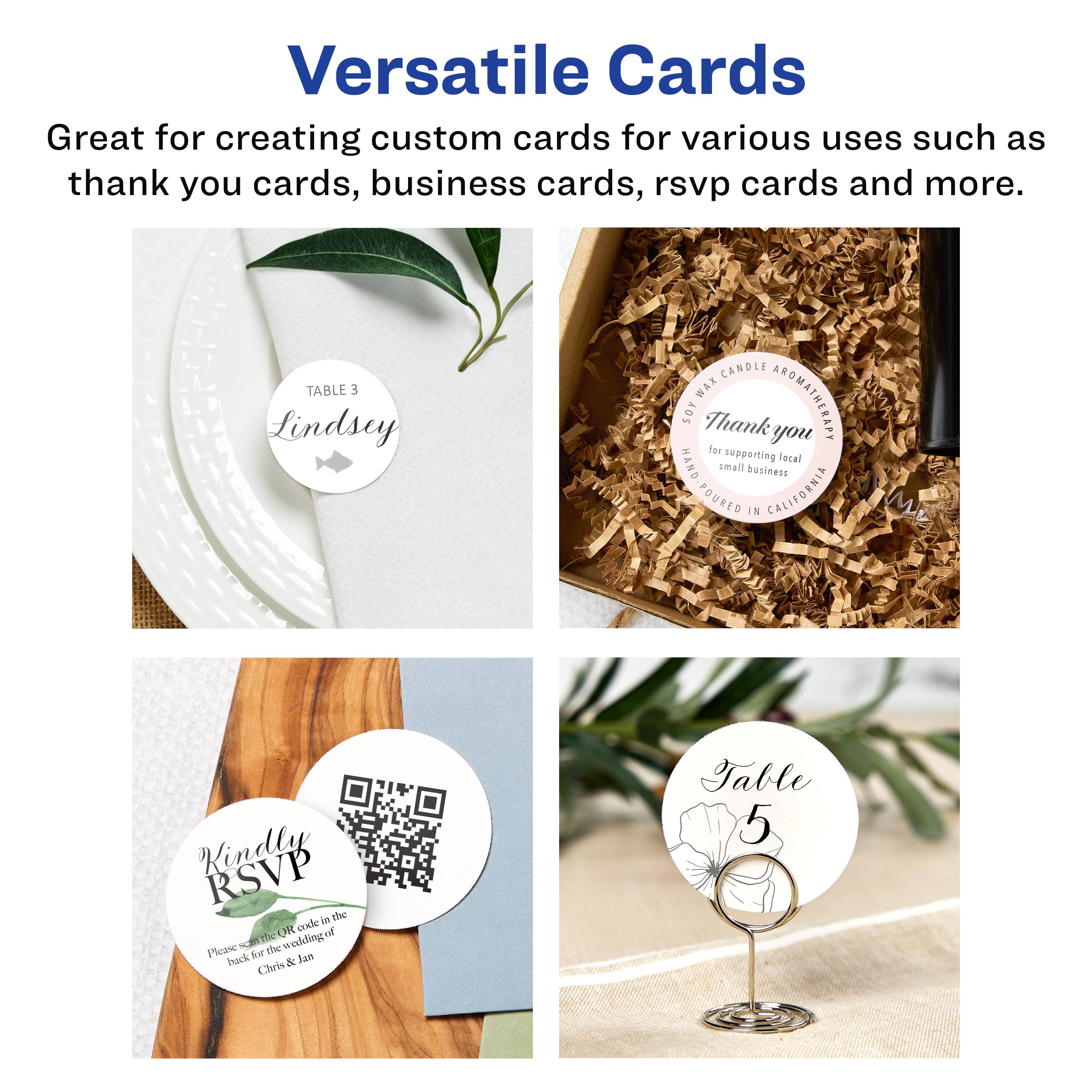 Versatile Cards  
Great for creating custom cards for various uses such as thank you cards, business cards, rsvp cards and more.  

TABLE 3  
Lindsey  

CANDLE WAX AROMATHERAPY SOY  
Thank you for supporting local small business  
POURED IN CALIFORNIA  

RSVP in the QR code of the wedding place card  

Table 5