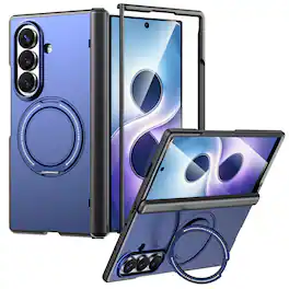 Dteck - Shockproof Phone Case for Samsung Galaxy Z Fold8 Ultra with Ring Kickstand Hinge Guard, Rugged Magnetic Protective Cover - Blue