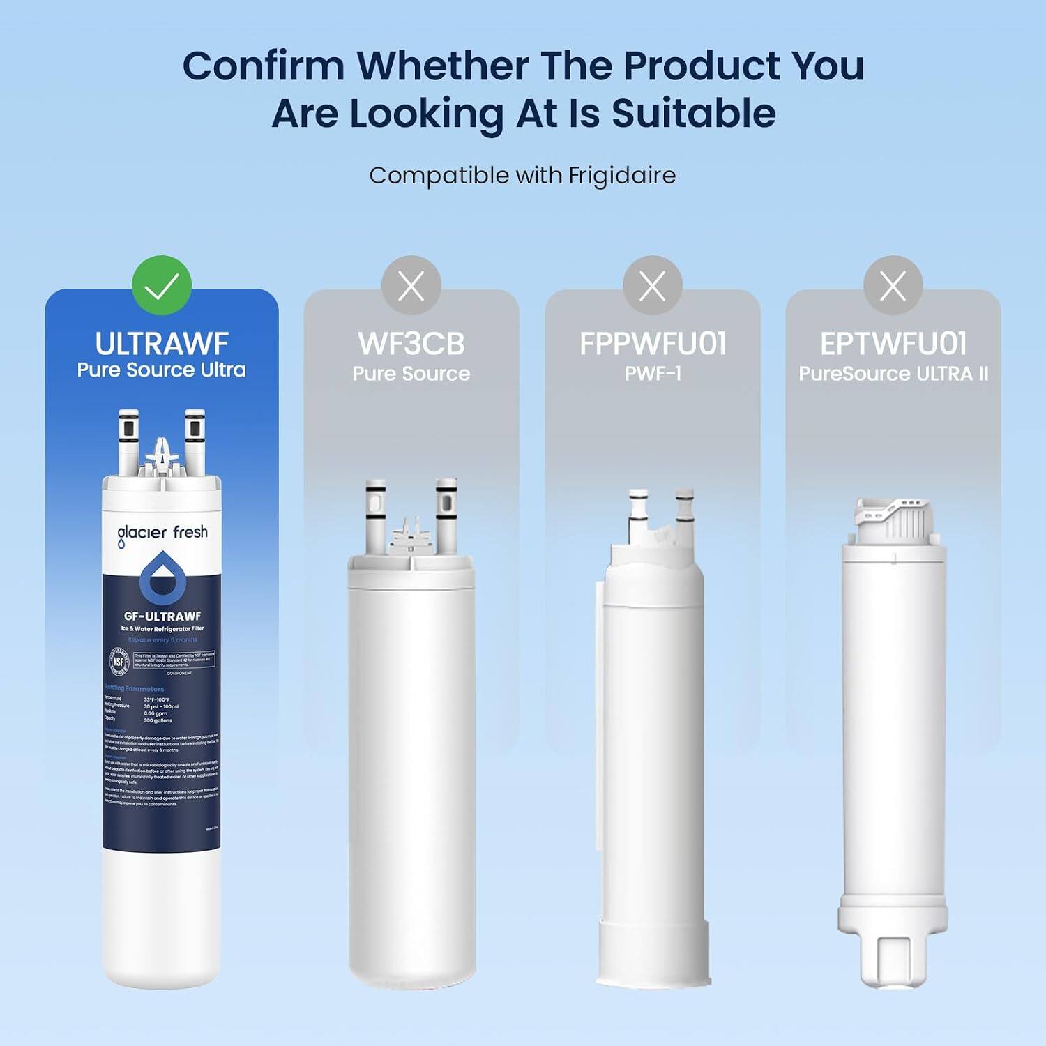 Confirm Whether The Product You Are Looking At Is Suitable

Compatible with Frigidaire

ULTRAWF Pure Source Ultra
WF3CB Pure Source
FPPWFU01 PWF-1
EPTWFU01 PureSource ULTRA II

glacier fresh
GF-ULTRAWF Ice & Water Refrigerator Filter