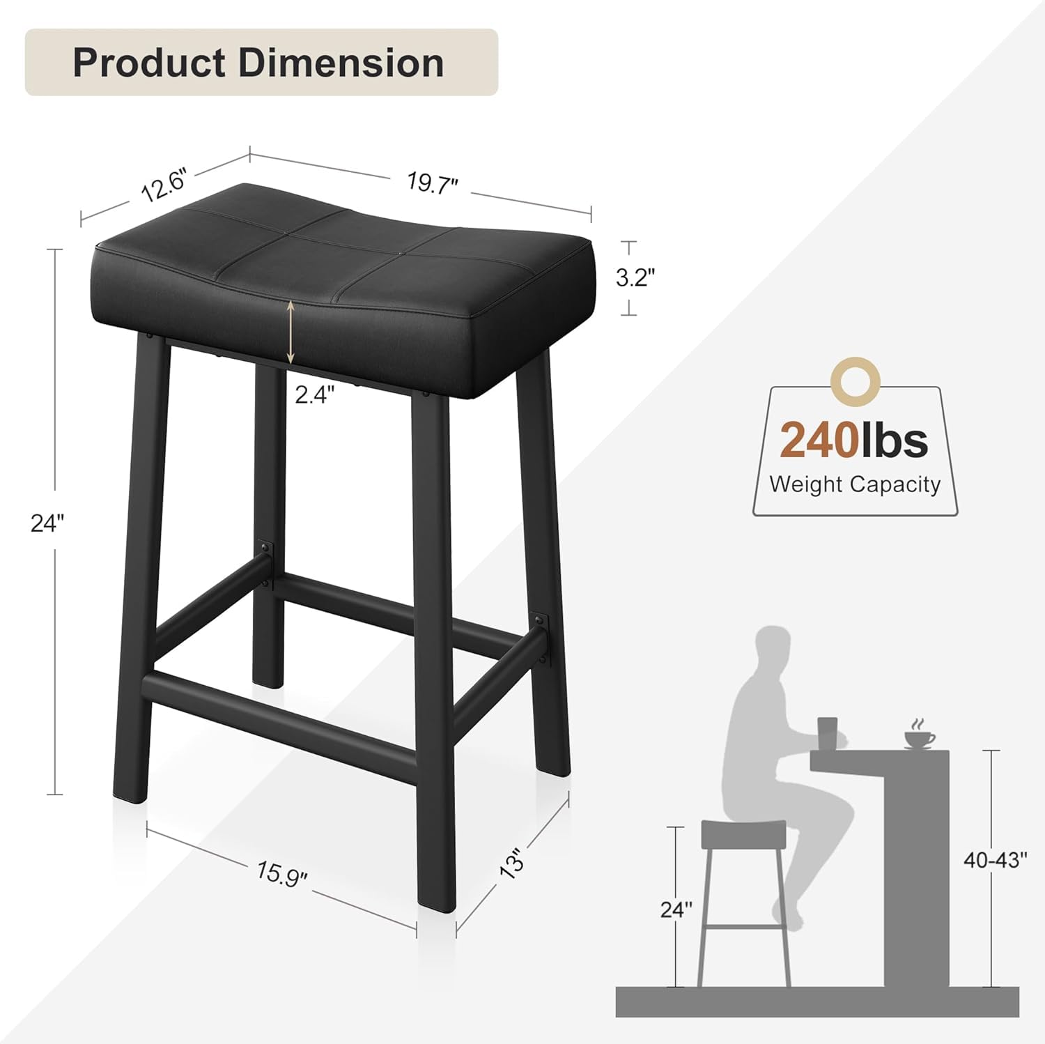 Product Dimension: 12.6" x 19.7" x 3.2" x 24" x 2.4"  
Weight Capacity: 240lbs