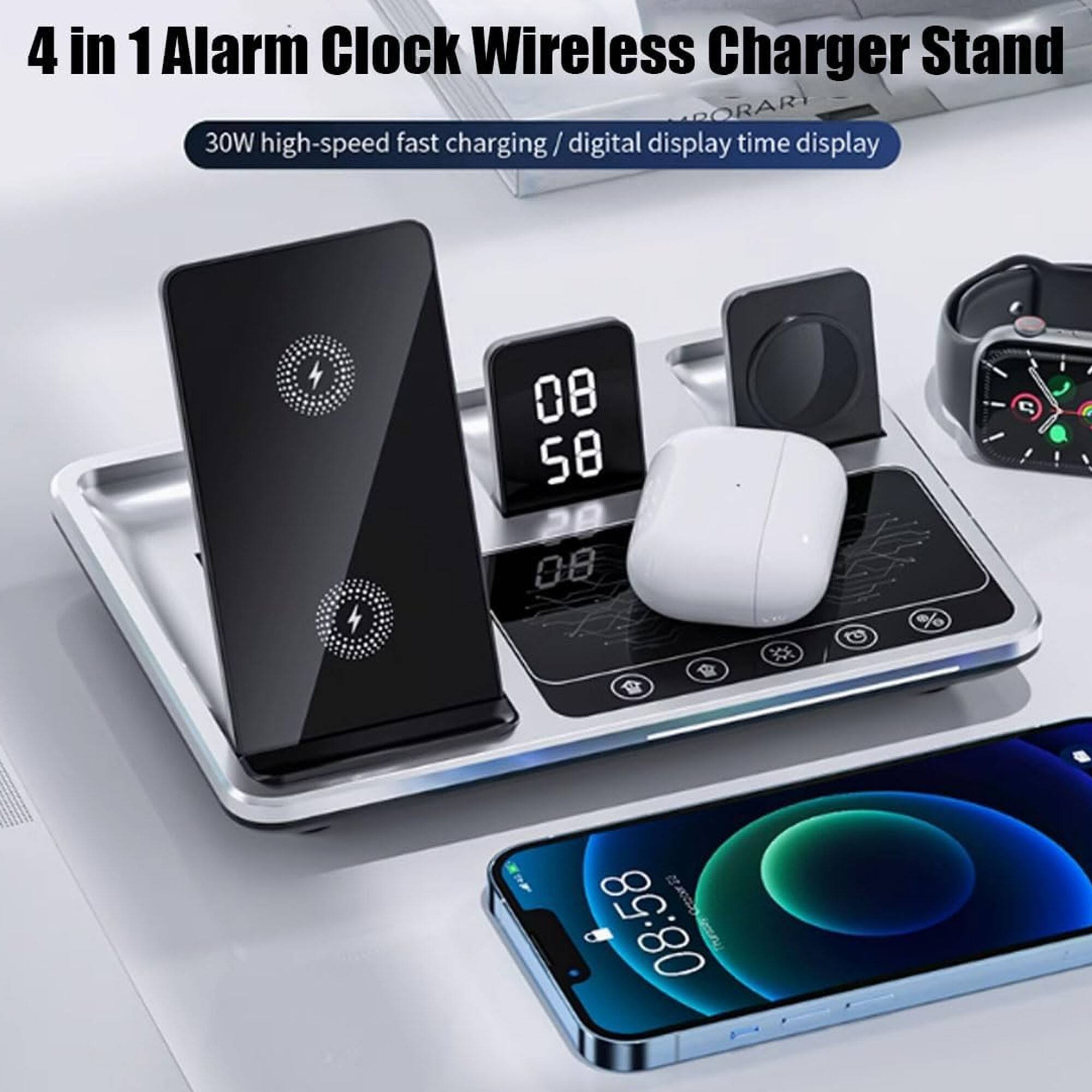 4 in 1 Alarm Clock Wireless Charger Stand  
30W high-speed fast charging / digital display time display  
08:58