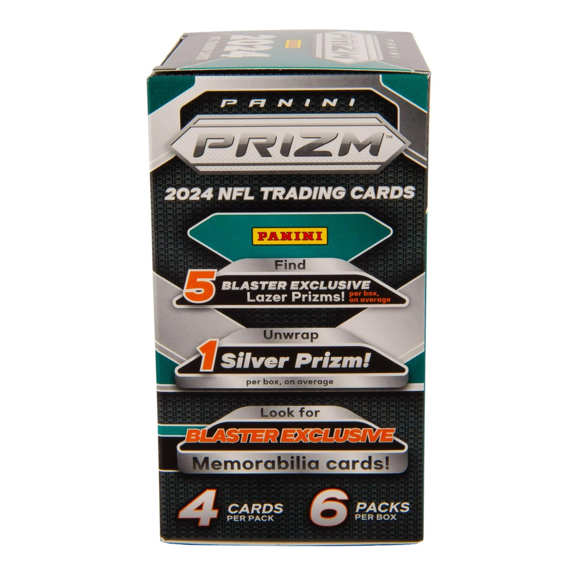 Panini Prizm 2024 NFL Trading Cards

Find 5 Blaster Exclusive Lazer Prizms! per box, on average

Unwrap 1 Silver Prizm! per box, on average

Look for Blaster Exclusive Memorabilia cards!

4 Cards per Pack

6 Packs per Box