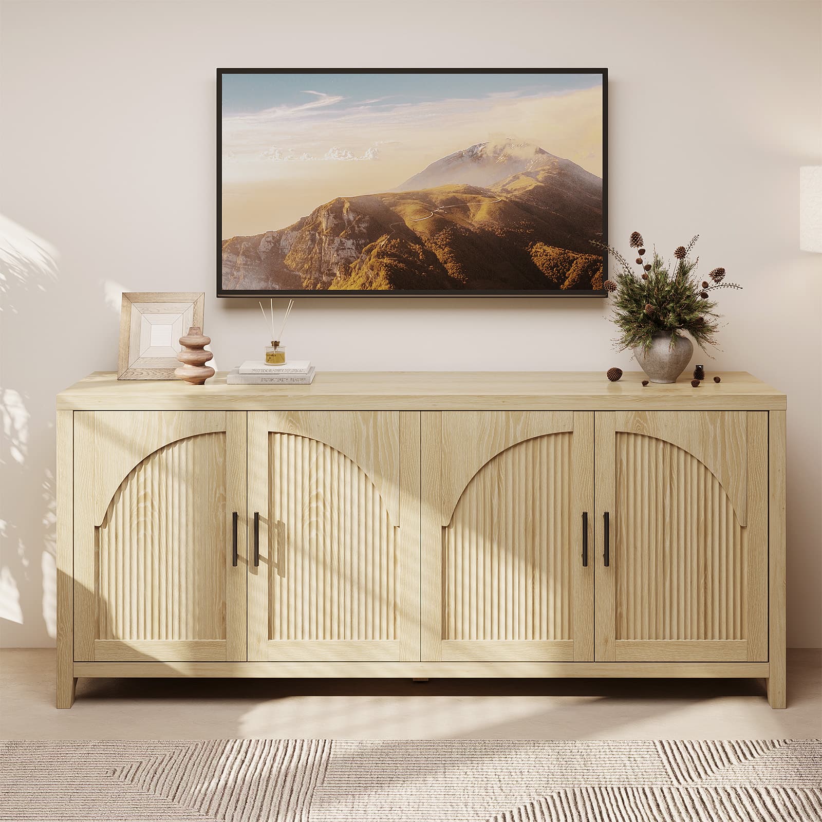 Bestier - 70" Modern TV Stand for TVs up to 75", Wood Media Console with 4 Fluted Curved Doors - Natual Oak