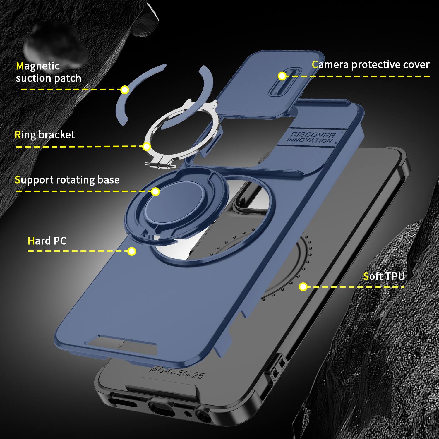 Magnetic suction patch  
Camera protective cover  
Ring bracket  
Support rotating base  
Hard PC  
Soft TPU  
MO-G-5G-25