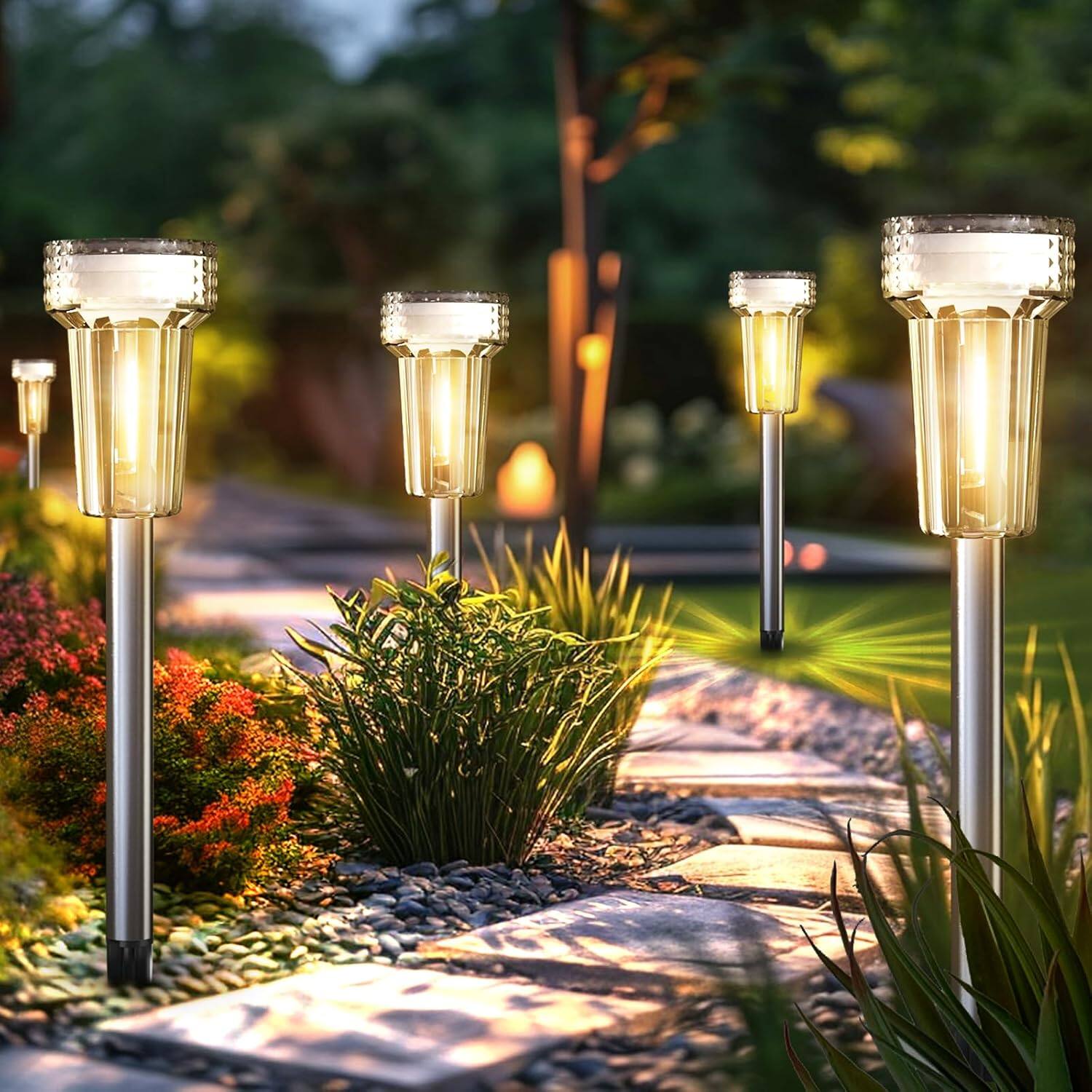 Angle. MOSZAR LLC - Outdoor Waterproof Solar Lights, 8-piece Set of Stainless Steel - White.