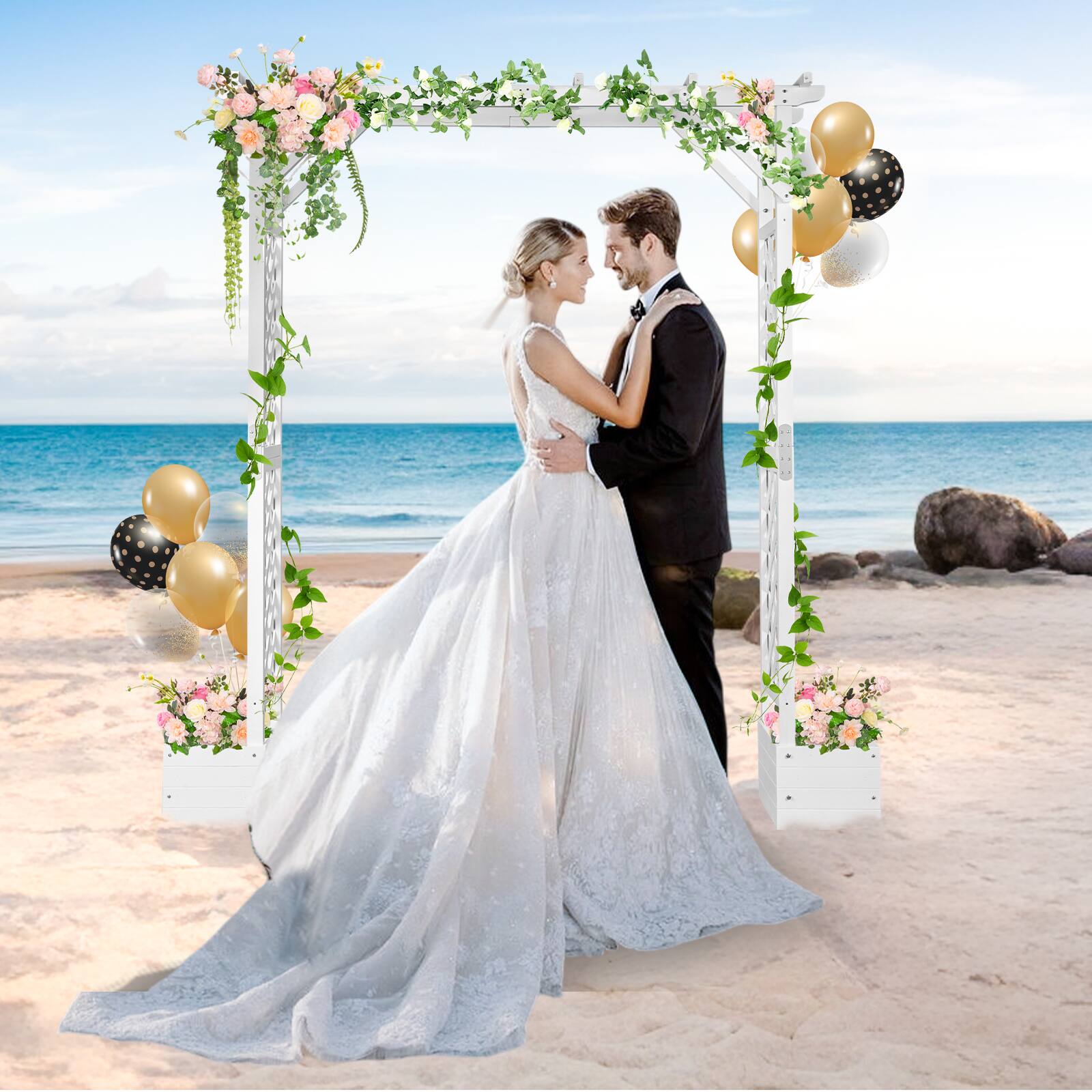 Alt View 7. Winado - ​7.2 FT Flat Top Wooden Arch with Planting Frame for Outdoor Ceremony Party Decoration - White.