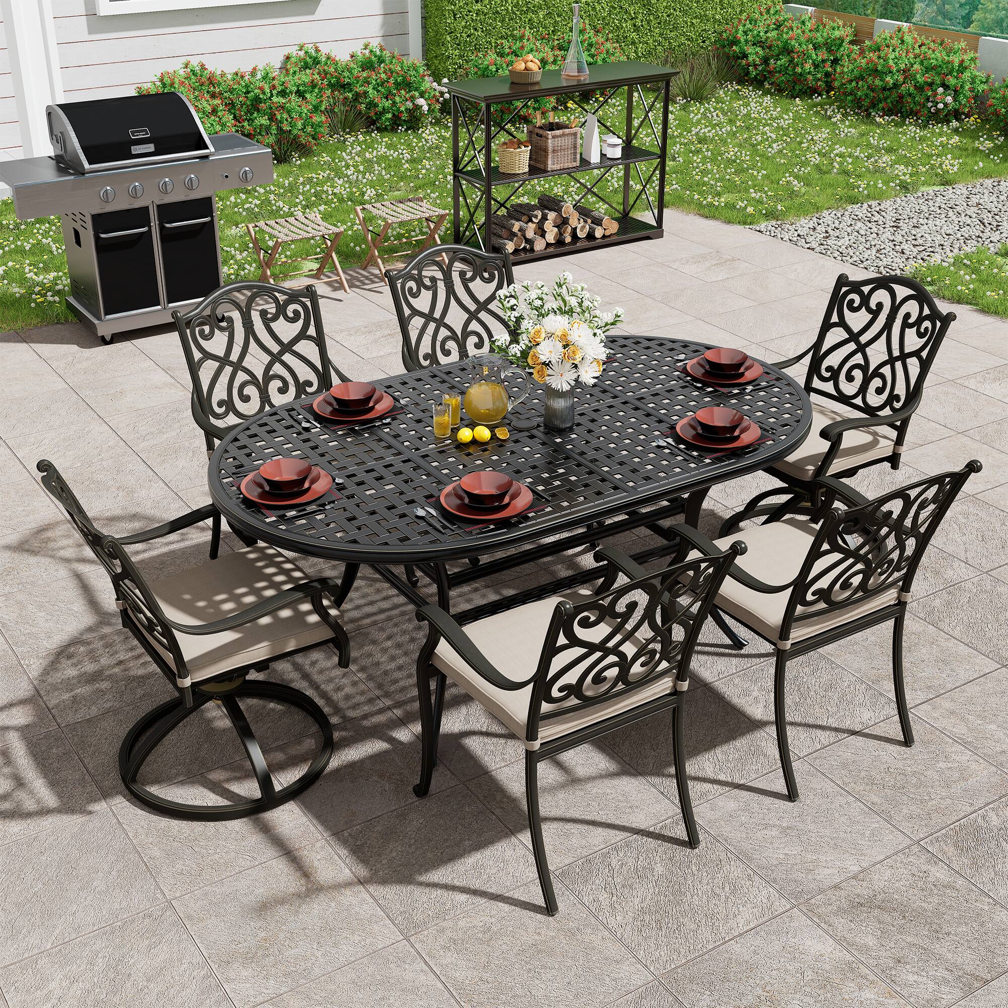 Left. Mondawe - 6 Person Elliptical Outdoor Dining Set with Cushions - Black+Beige.