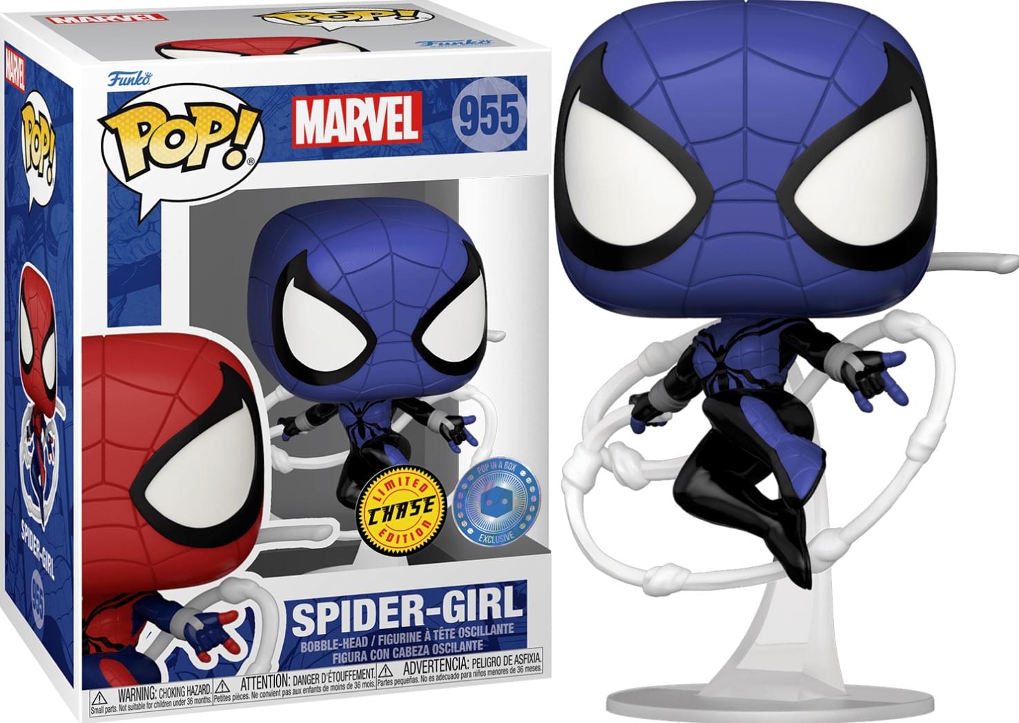 **Funko POP! Marvel 955**

**Spider-Girl**

**Limited Chase Edition Exclusive**

**Spider-Girl Bobble-Head / Figurine à Tête Oscillante / Figura con Cabeza Oscilante**

**Warning: Choking Hazard - Small parts. Not suitable for children under 36 months.**

**Attention: Danger de suffocation. Ne convient pas aux enfants de moins de 36 mois.**

**Advertencia: Peligro de asfixia. No es adecuado para niños menores de 36 meses.**

**Packed in a Box**

**Spider-Girl**